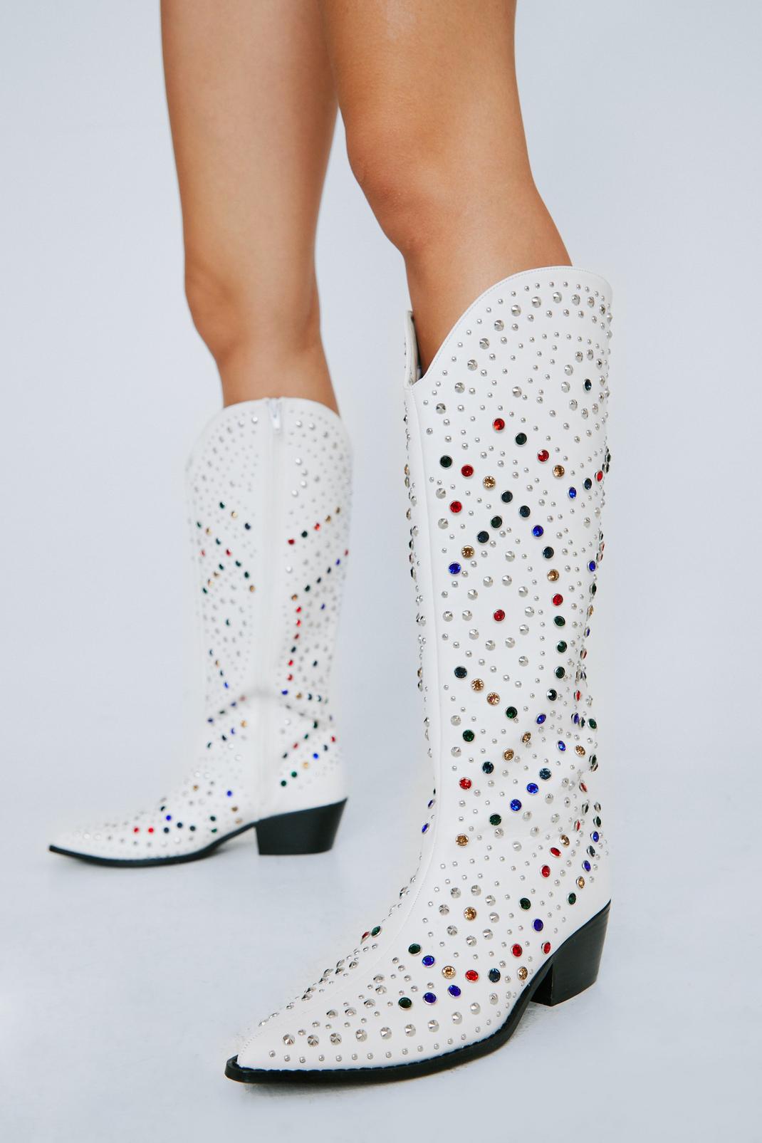 White Faux Leather Embellished Cowboy Boots image number 1