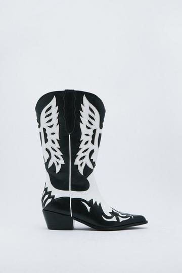Faux Leather Two Tone Cowboy Boots black_white
