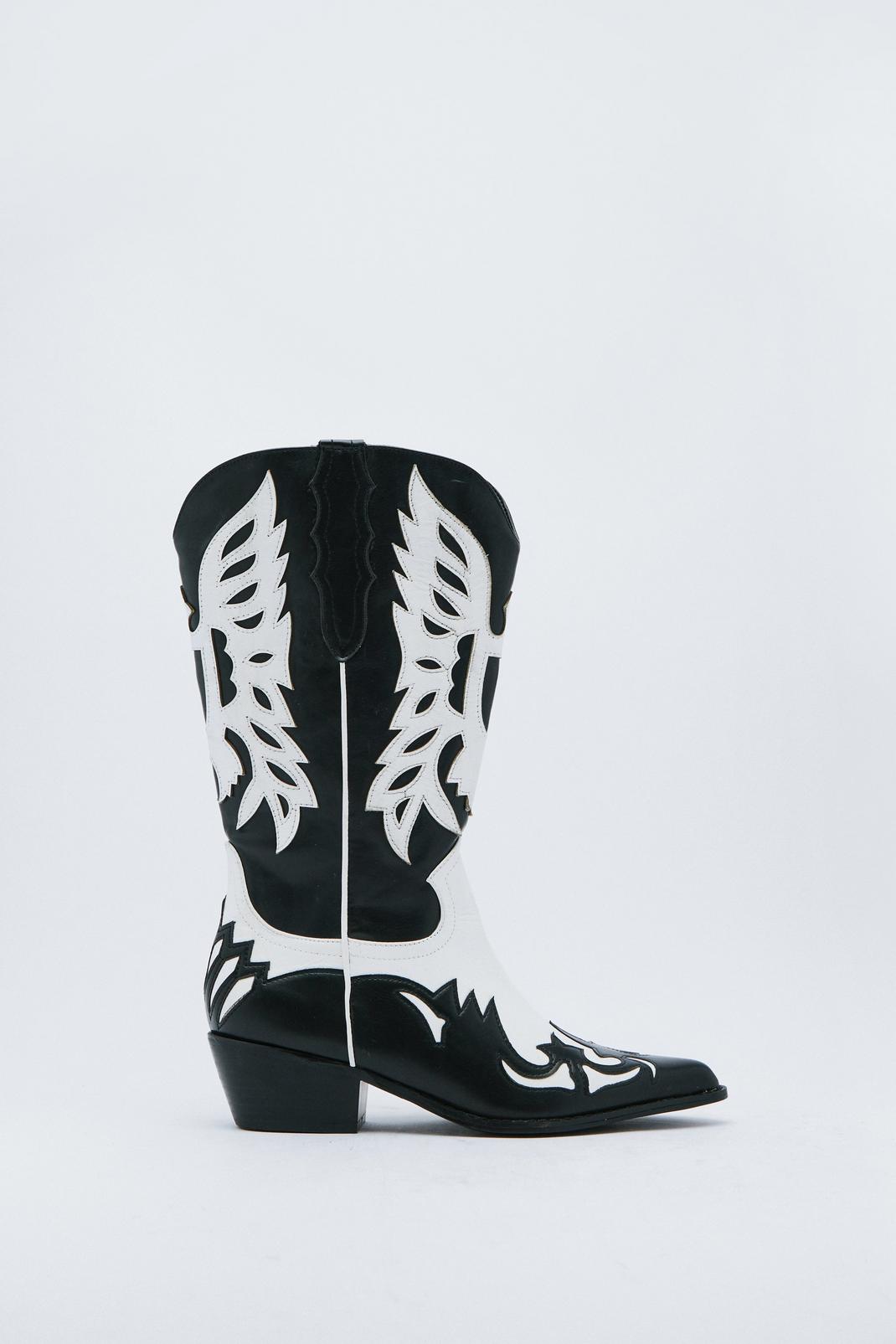 Black_white Faux Leather Two Tone Cowboy Boots  image number 1