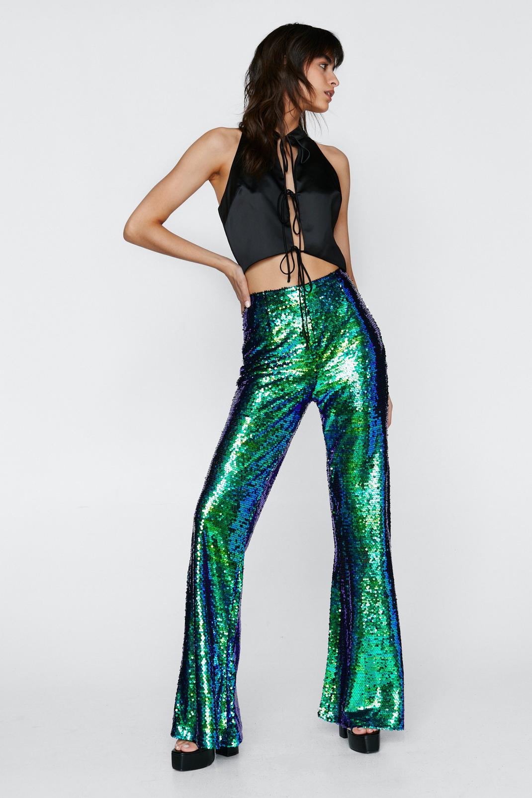 Green Silver Mermaid Iridescent Sequin Flares image number 1