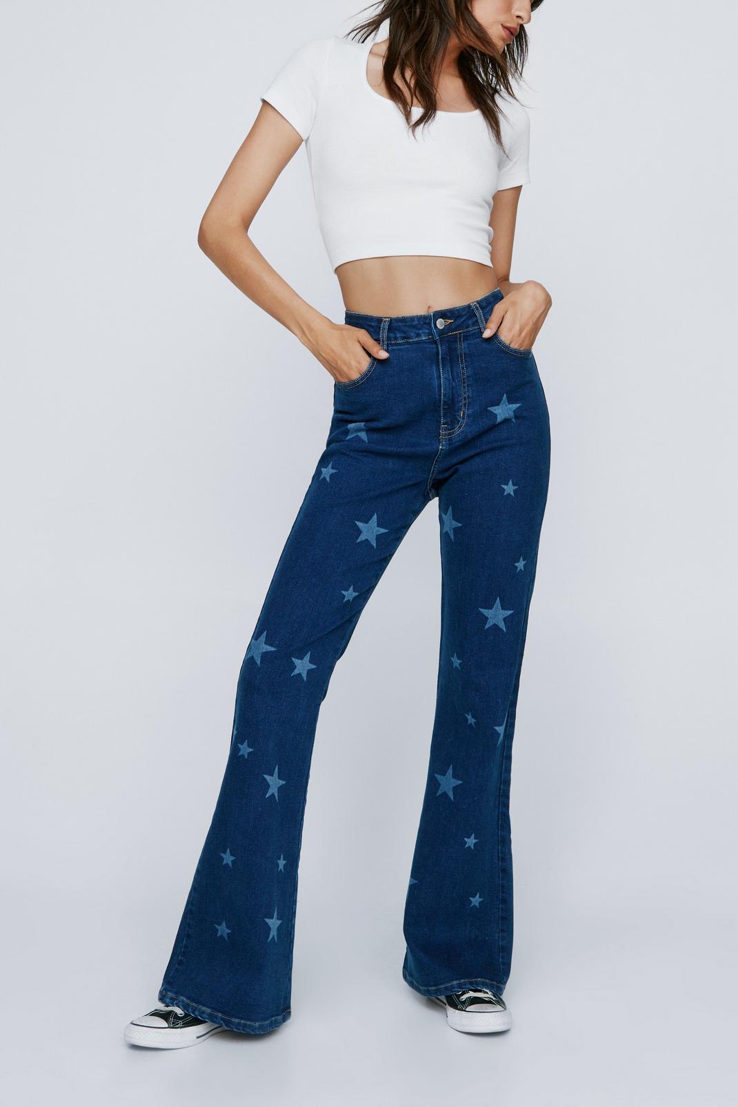 Mid blue Star Print Stretch Denim Flared Trousers image number 1