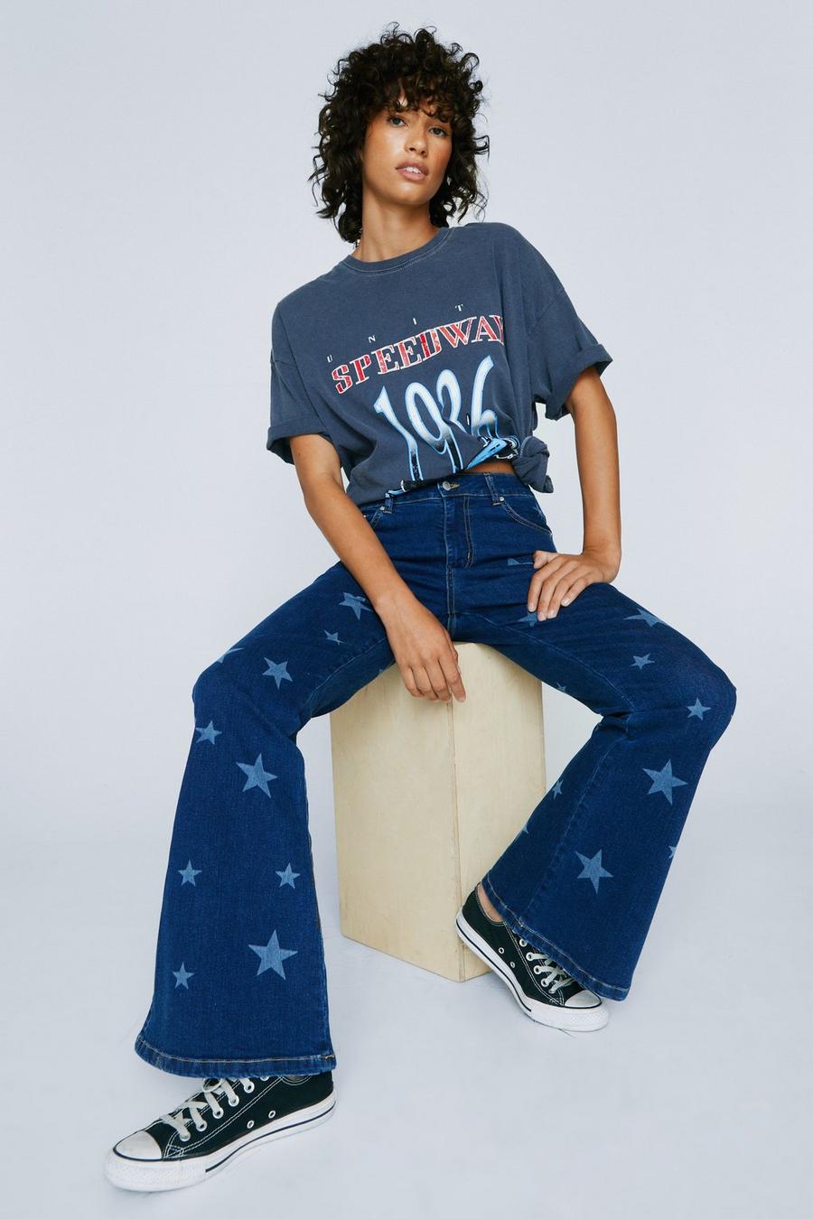 Petite Star Print Stretch Flared Denim Jeans