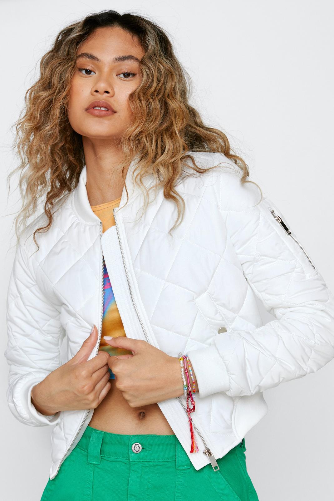 Ivory Diamond Quilted Bomber Jacket image number 1