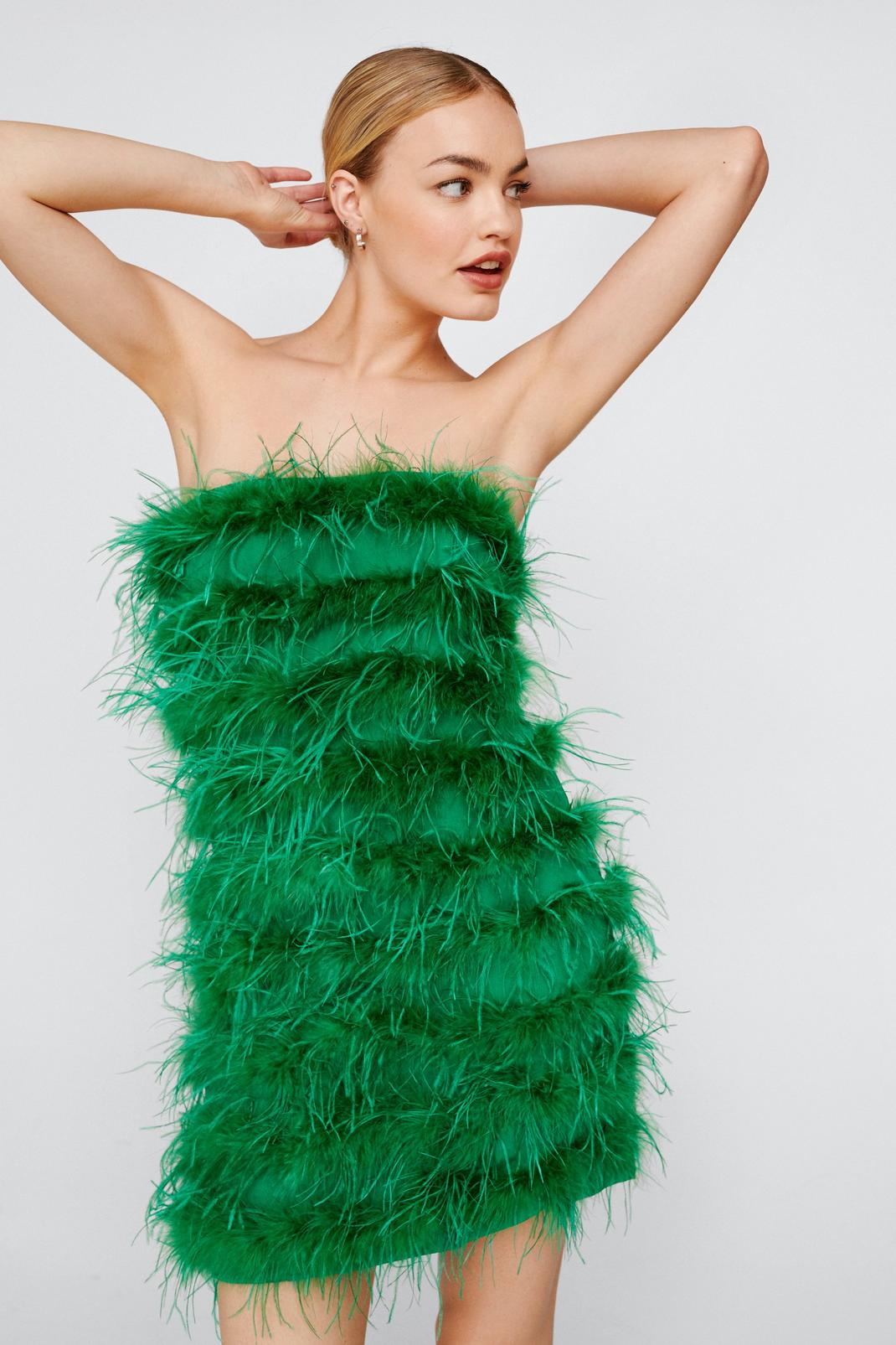 Green Feather Bandeau Mini Dress image number 1