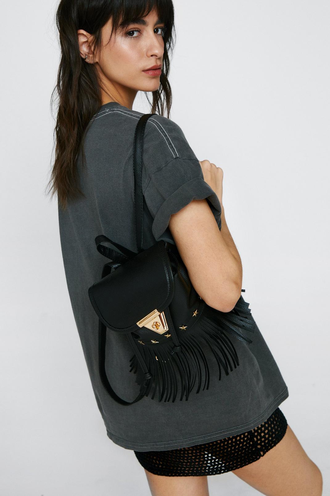 Black Tassel Detail Flap Top Backpack image number 1