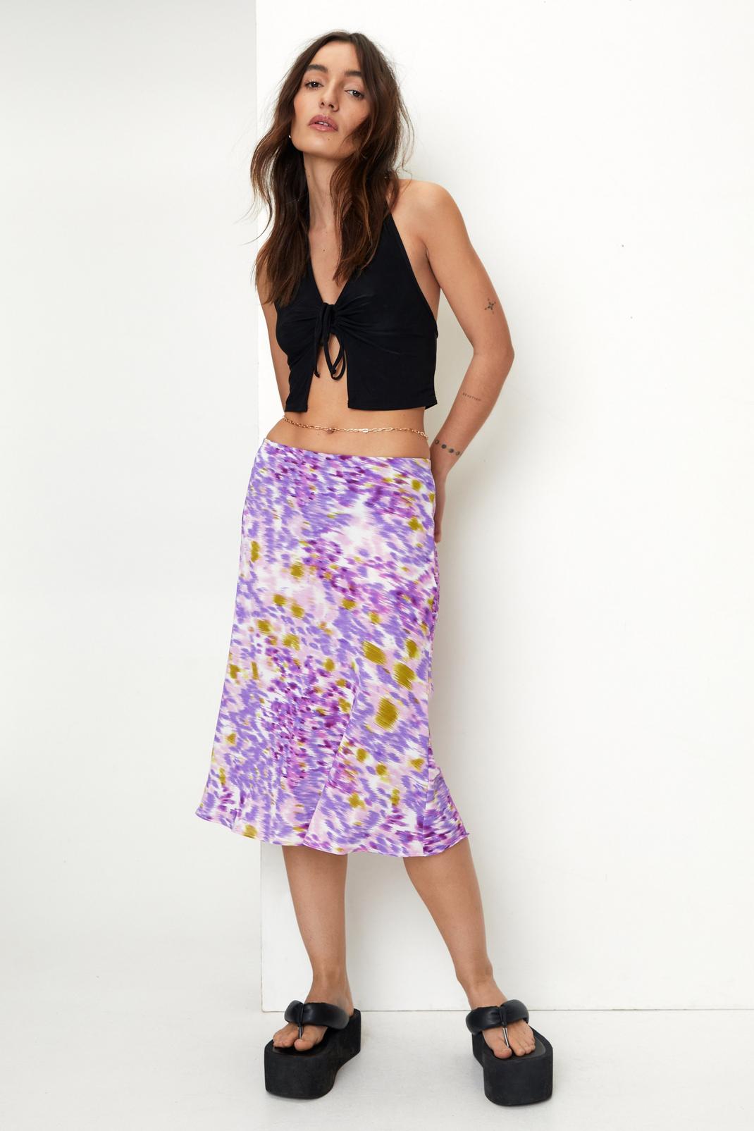 Purple Petite Blurred Print Bias Cut Midi Skirt image number 1