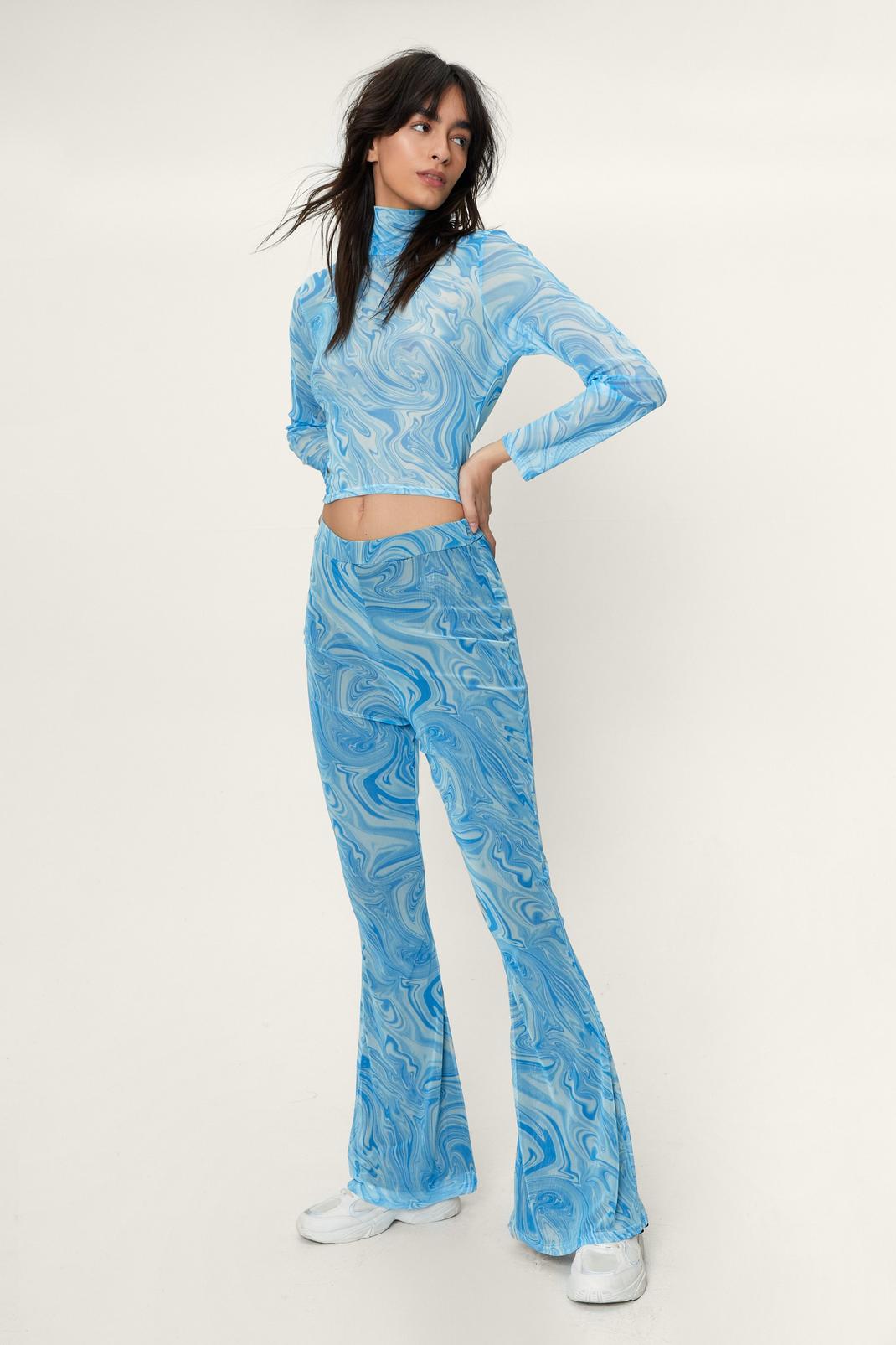 Blue Swirling Marble Print Flared Trousers image number 1