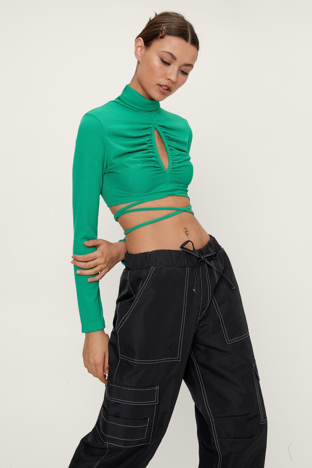 Green Cut Out Ruched Detail Funnel Neck Top image number 1