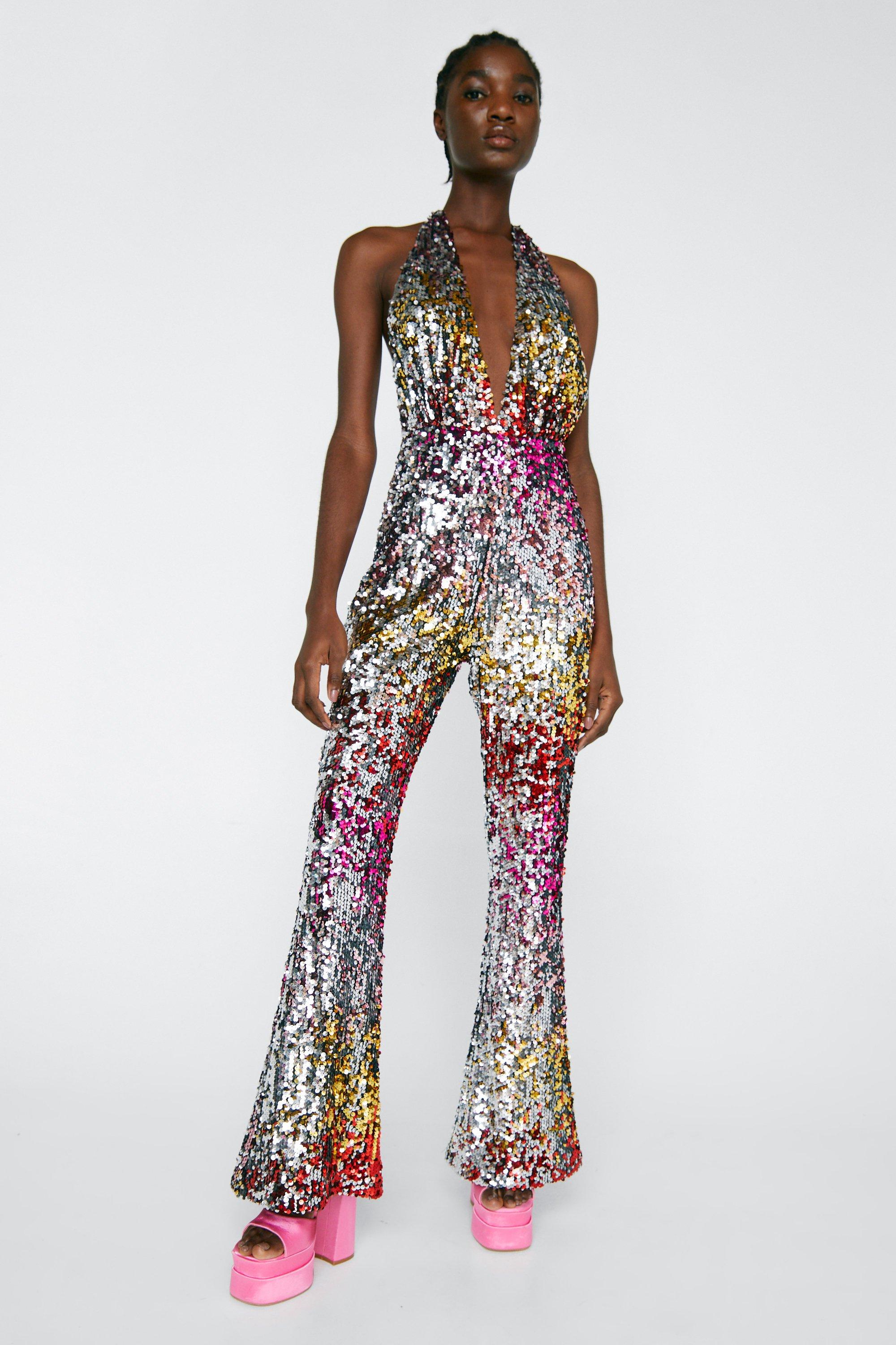 Ombre Sequin Halter Neck Plunge Jumpsuit | Nasty Gal