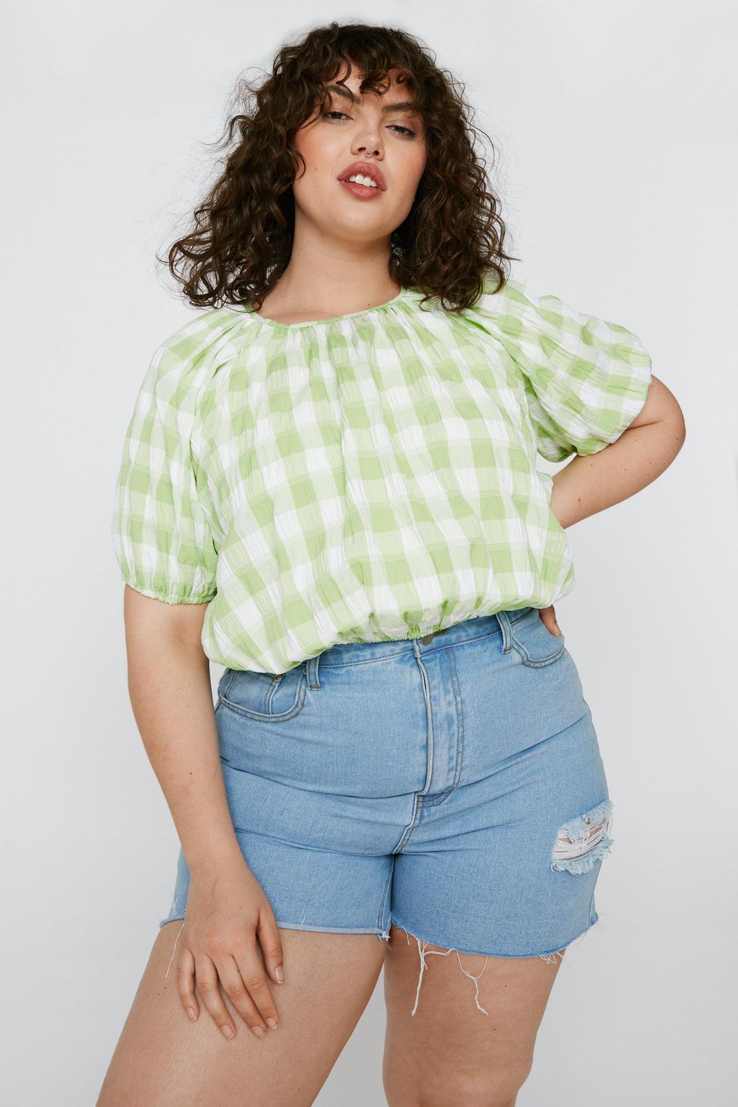 Green Plus Size Checked Puff Ball Blouse image number 1