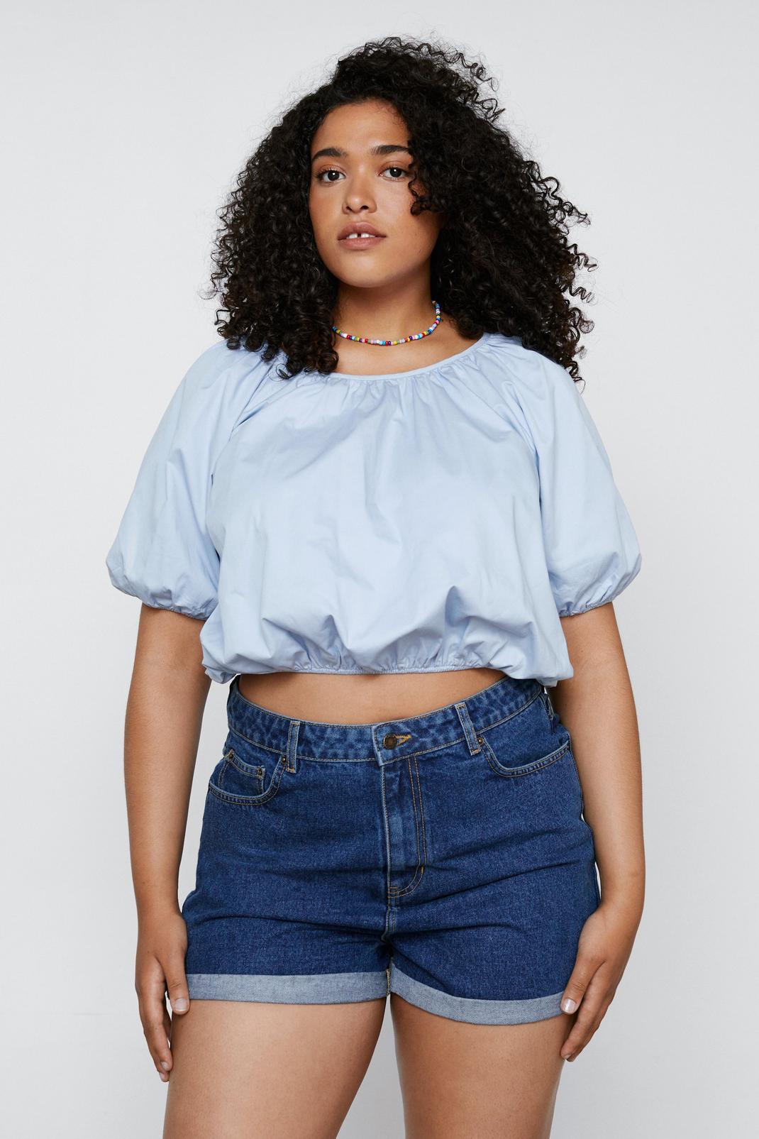 Baby blue Plus Size Poplin Puff Ball Top  image number 1