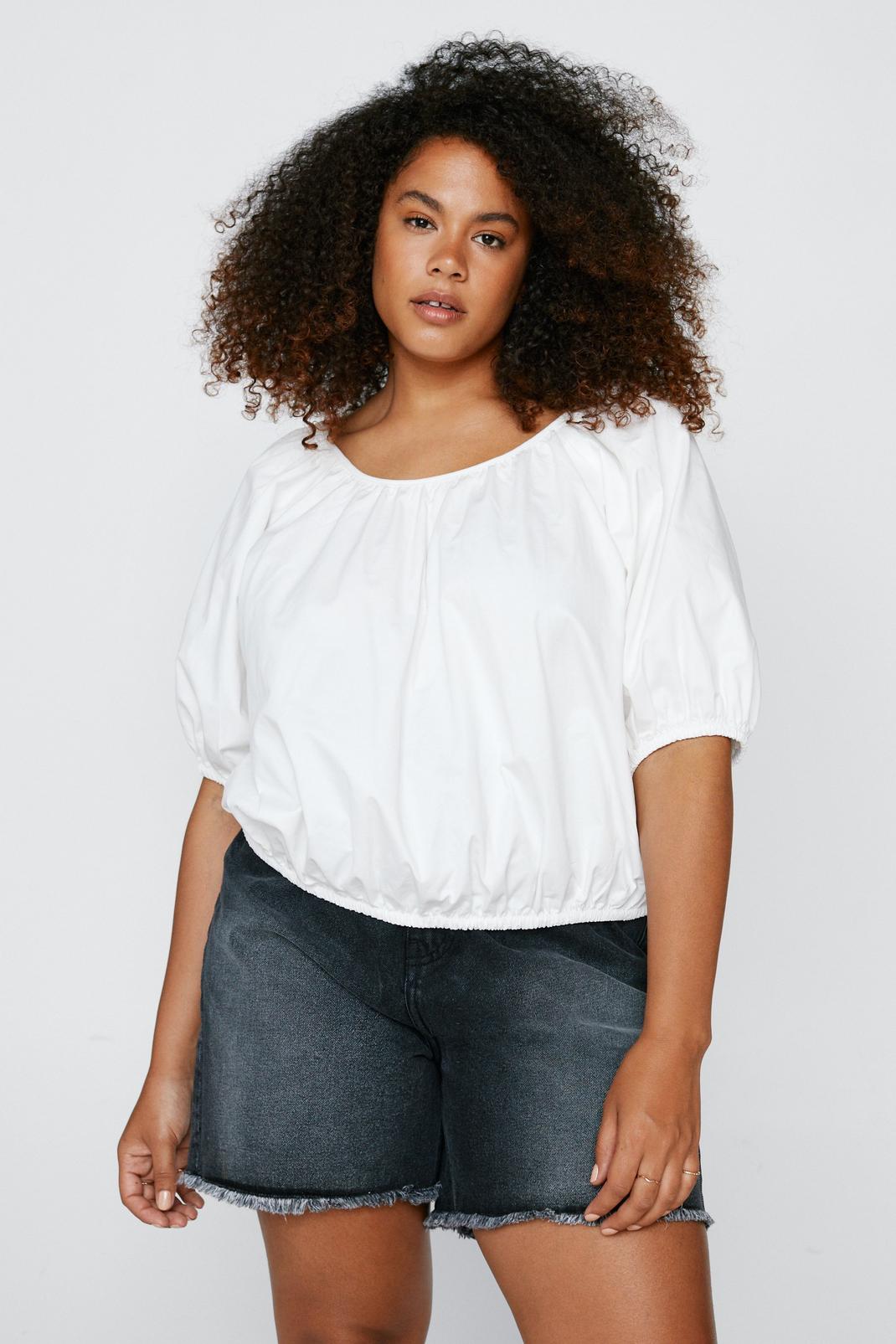White Plus Size Poplin Puff Ball Top  image number 1