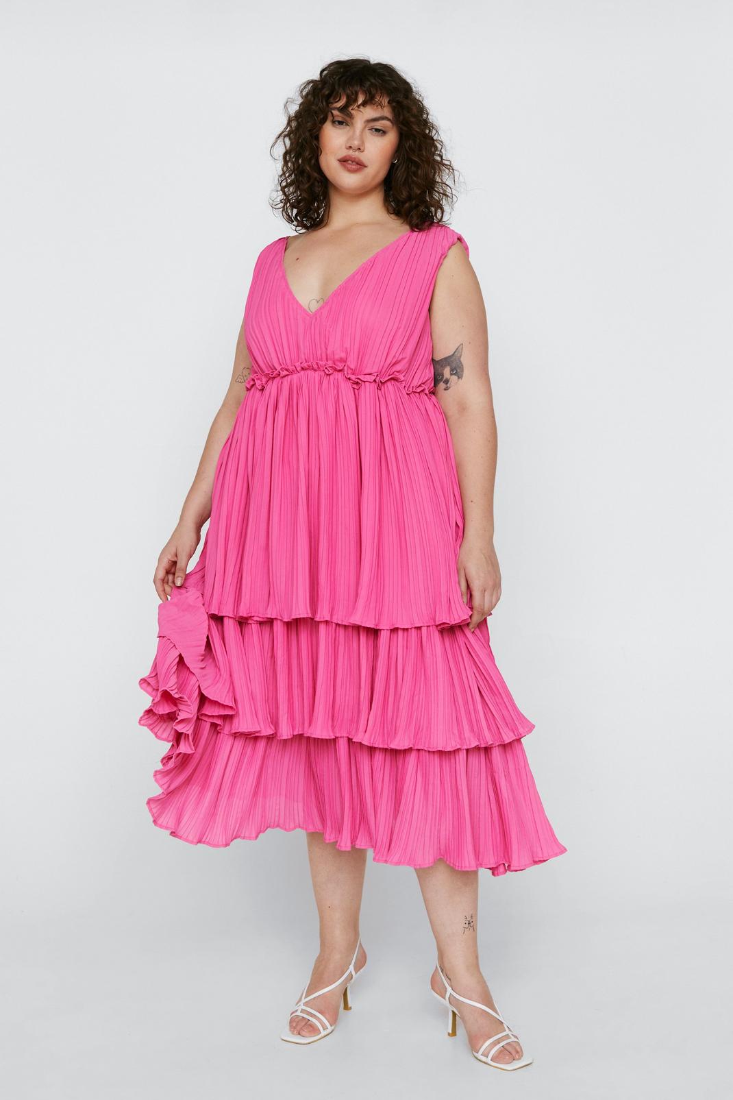 Hot pink Plus Size Pleated Tiered Midi Dress image number 1
