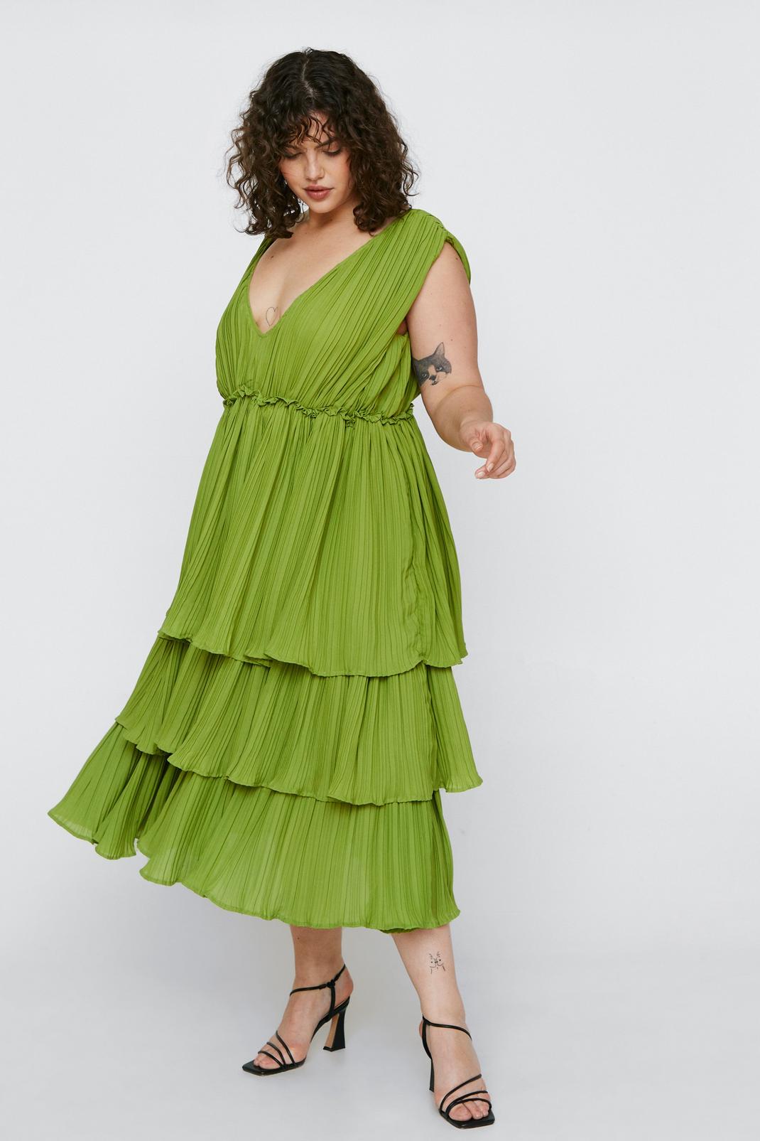 Olive Plus Size Pleated Tiered Midi Dress image number 1