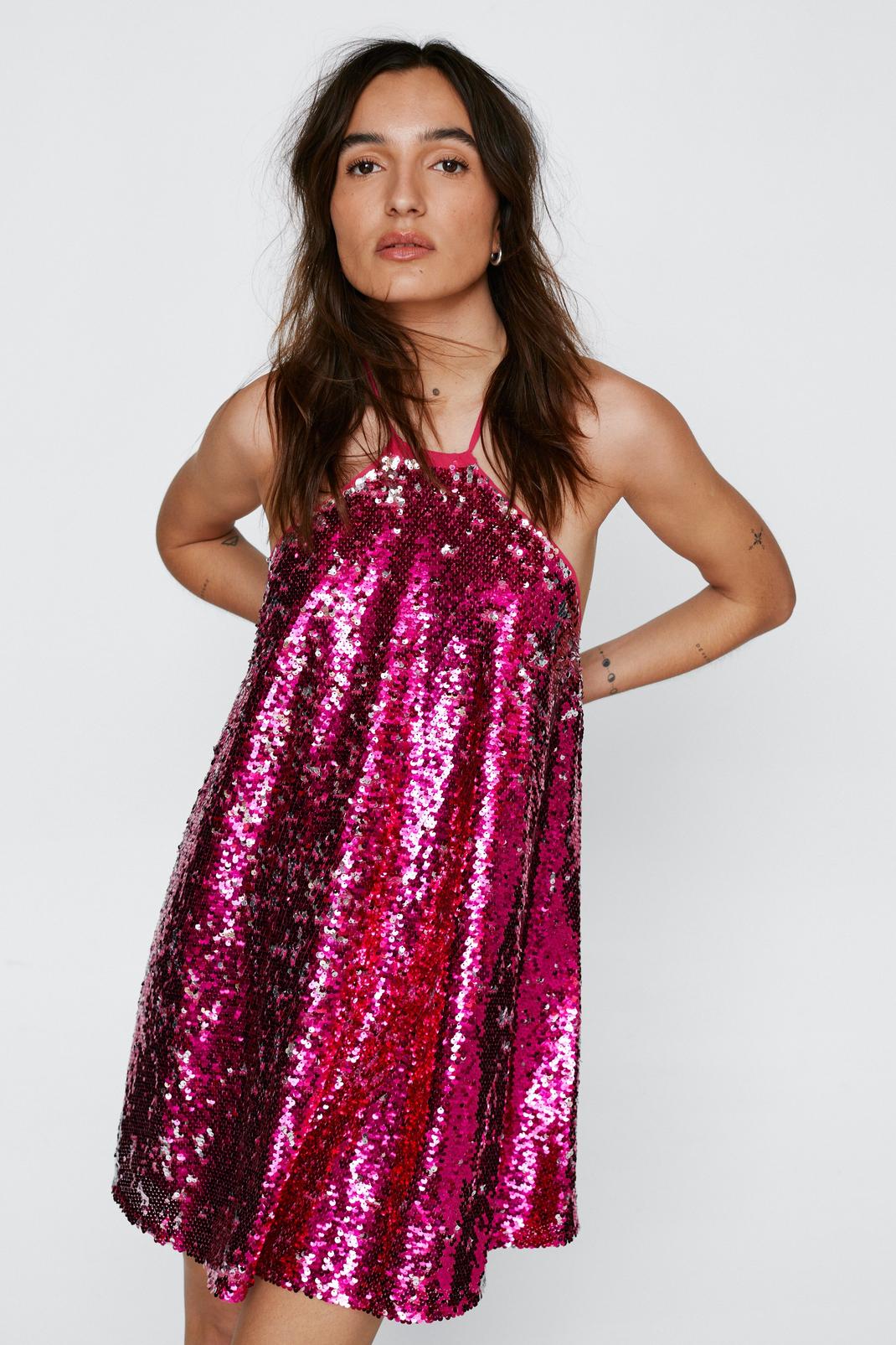 Hot pink Petite Sequin Strappy Cross Back Dress image number 1