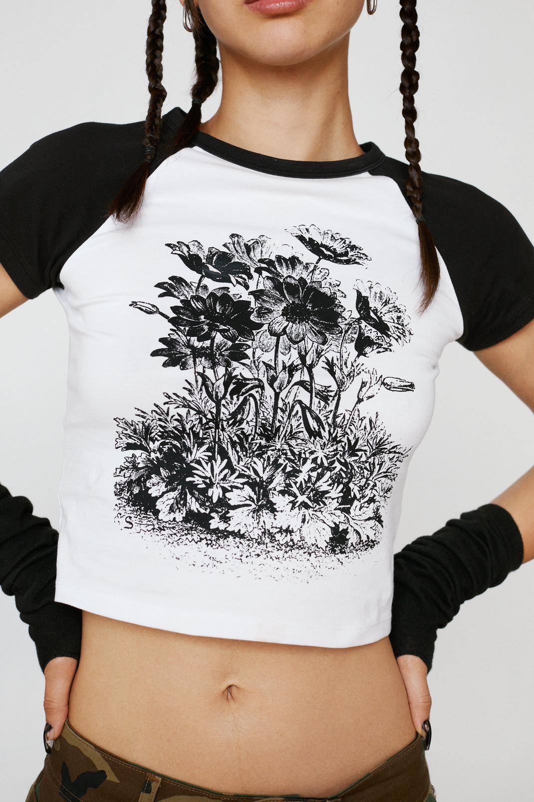 White Raglan Flower Graphic T-Shirt image number 1