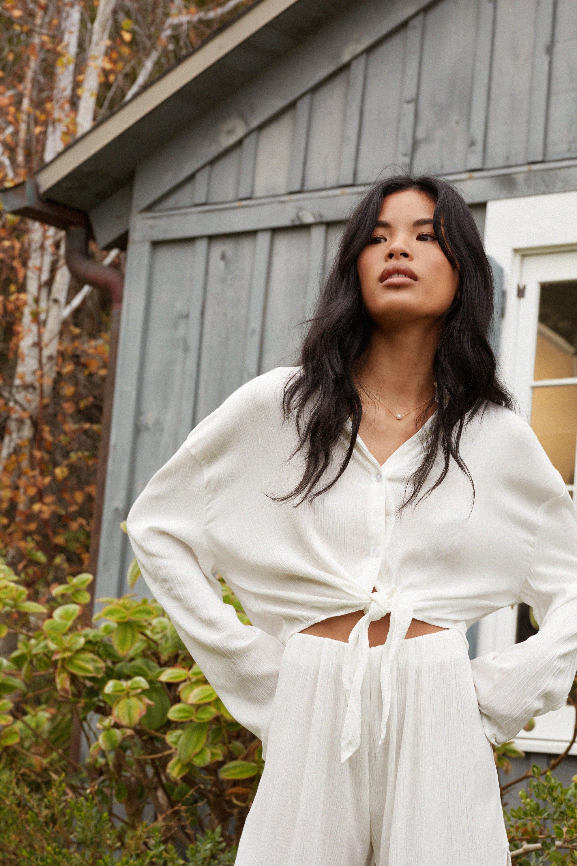 Beige Crinkle Long Sleeve Button Up Shirt