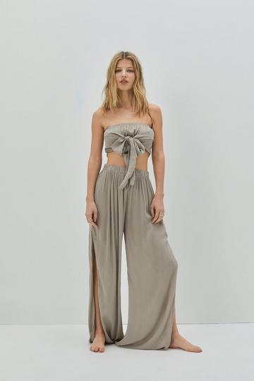 Crinkle Split Wide Leg Cover Up Trousers stone