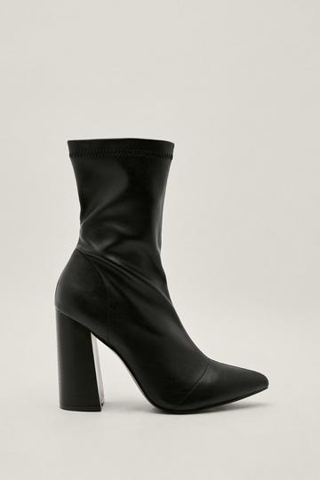 Black Faux Leather Block Heel Sock Boots