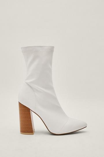 White Faux Leather Block Heel Sock Boots
