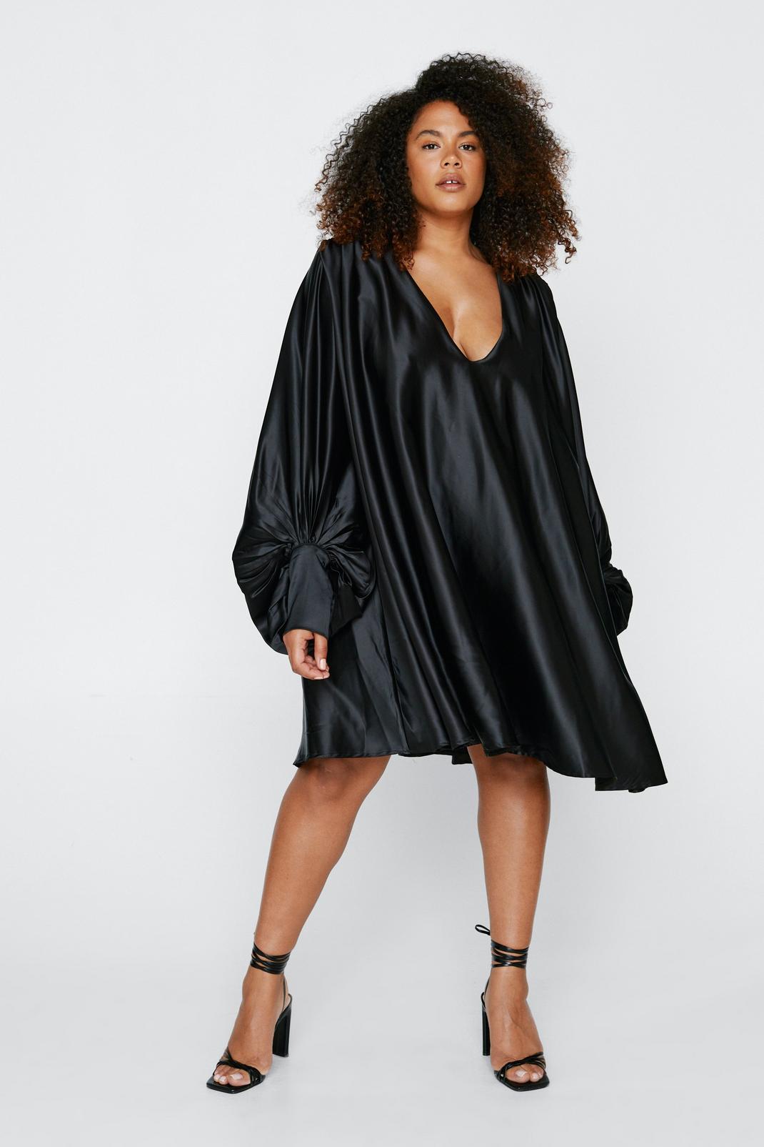 Black Plus Size Satin Batwing Swing Mini Dress image number 1