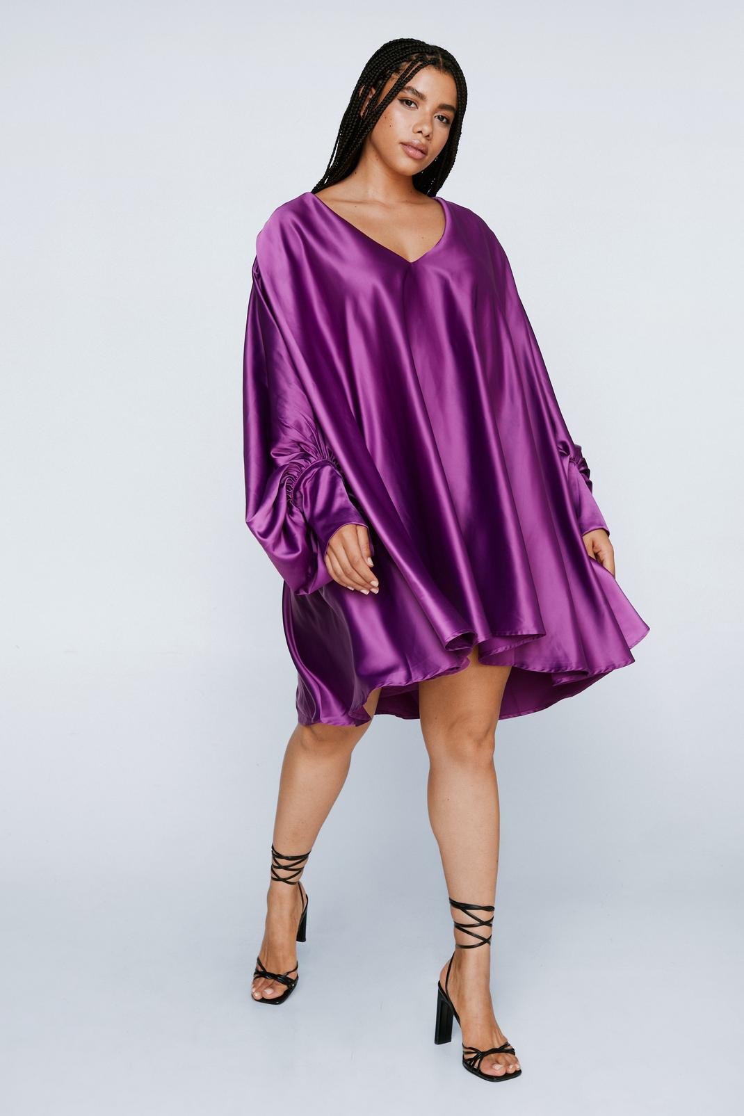 Purple Plus Size Satin Batwing Swing Mini Dress image number 1