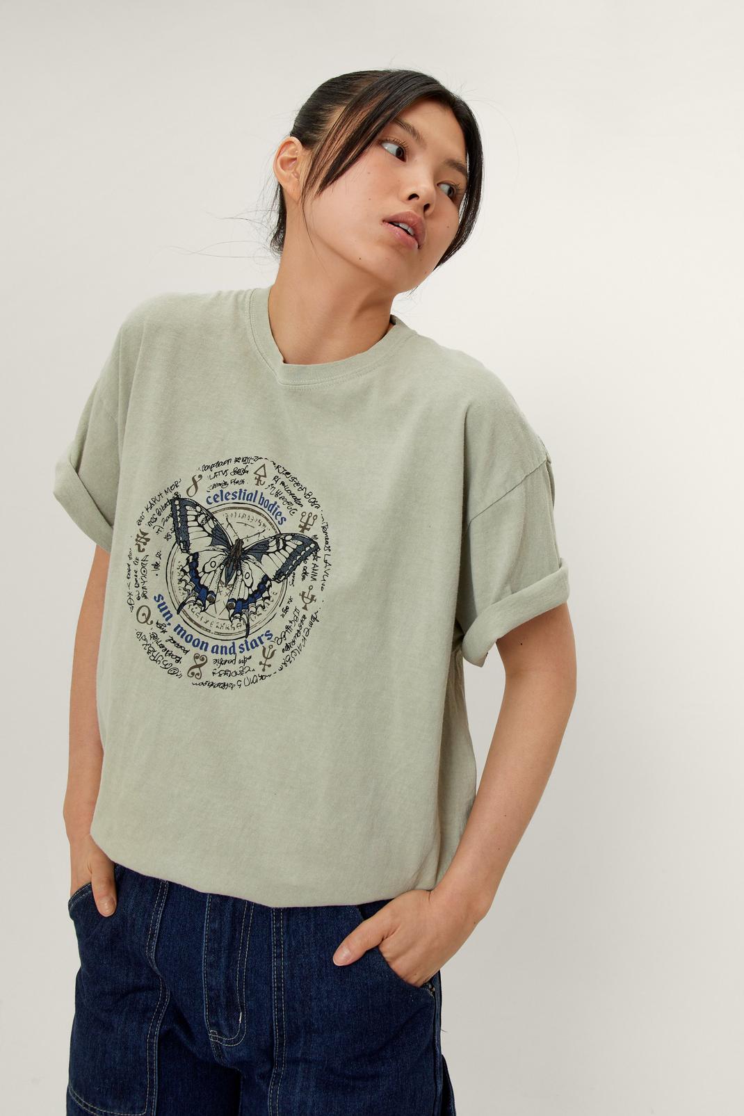 T-shirt oversize imprimé papillons, Stone image number 1