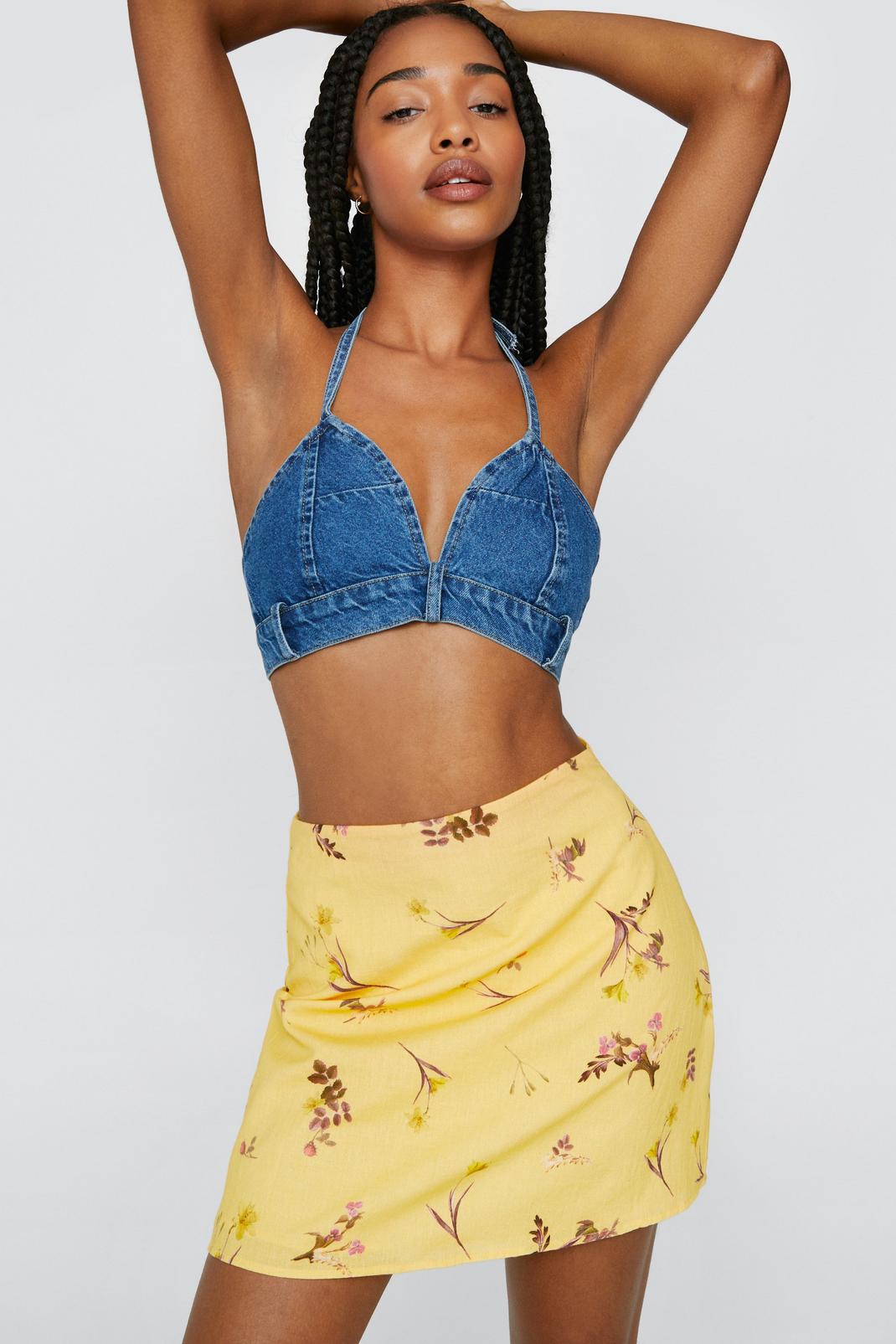 Yellow Floral Print High Waisted Mini Skirt image number 1