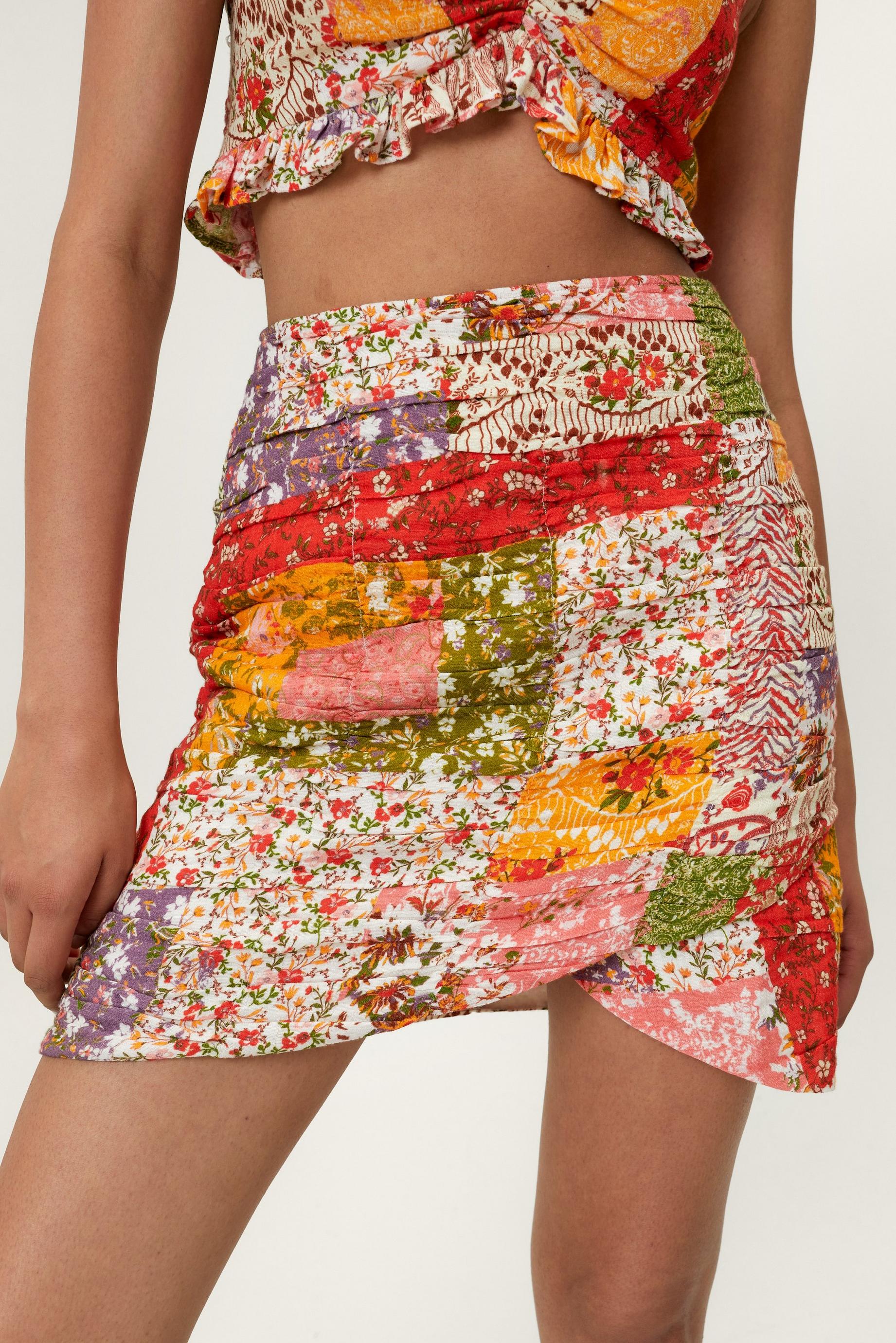 Patchwork Print Ruched Mini Skirt
