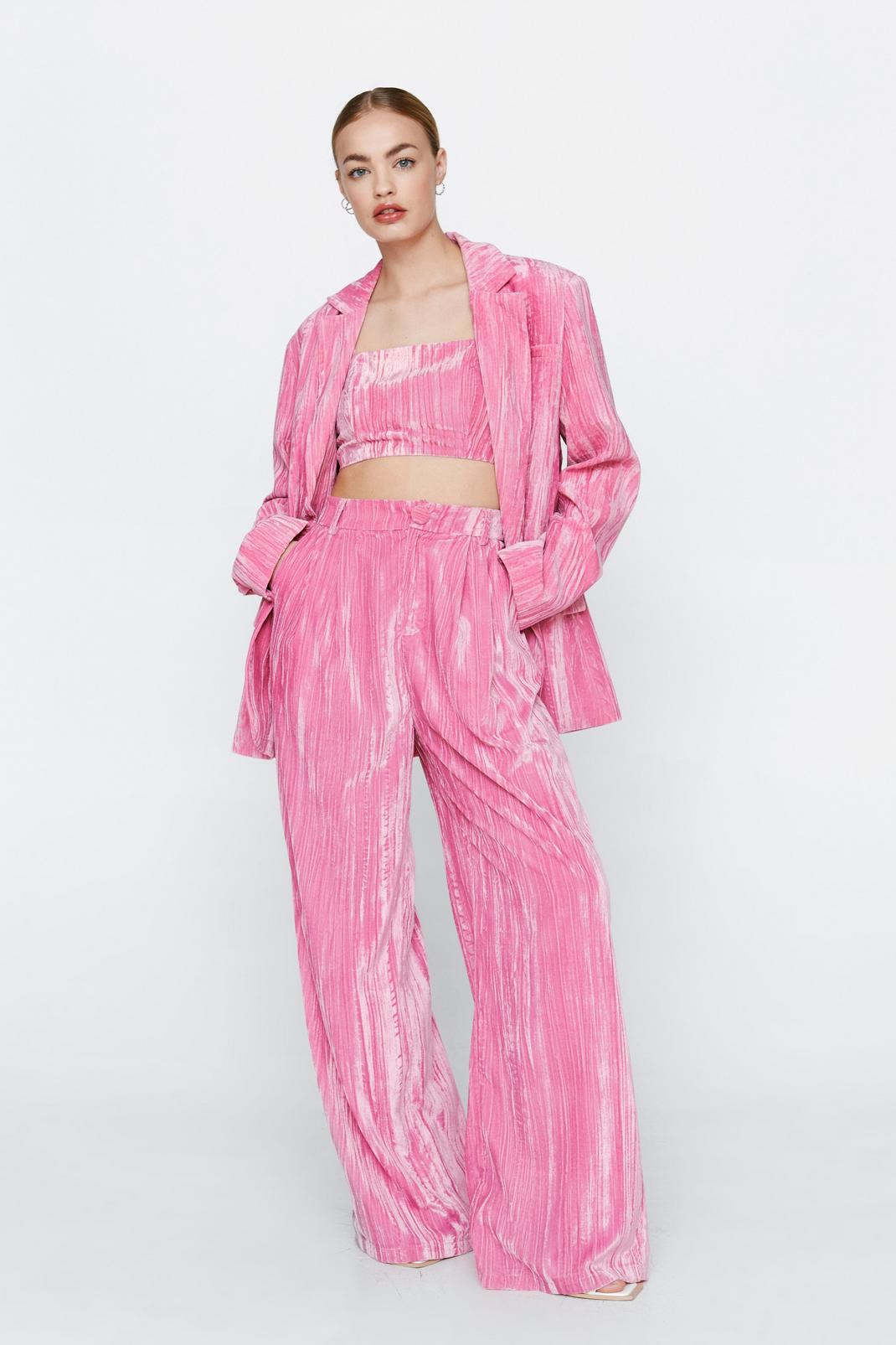 Candy pink Crinkle Velvet Tailored Wide Leg Trousers image number 1