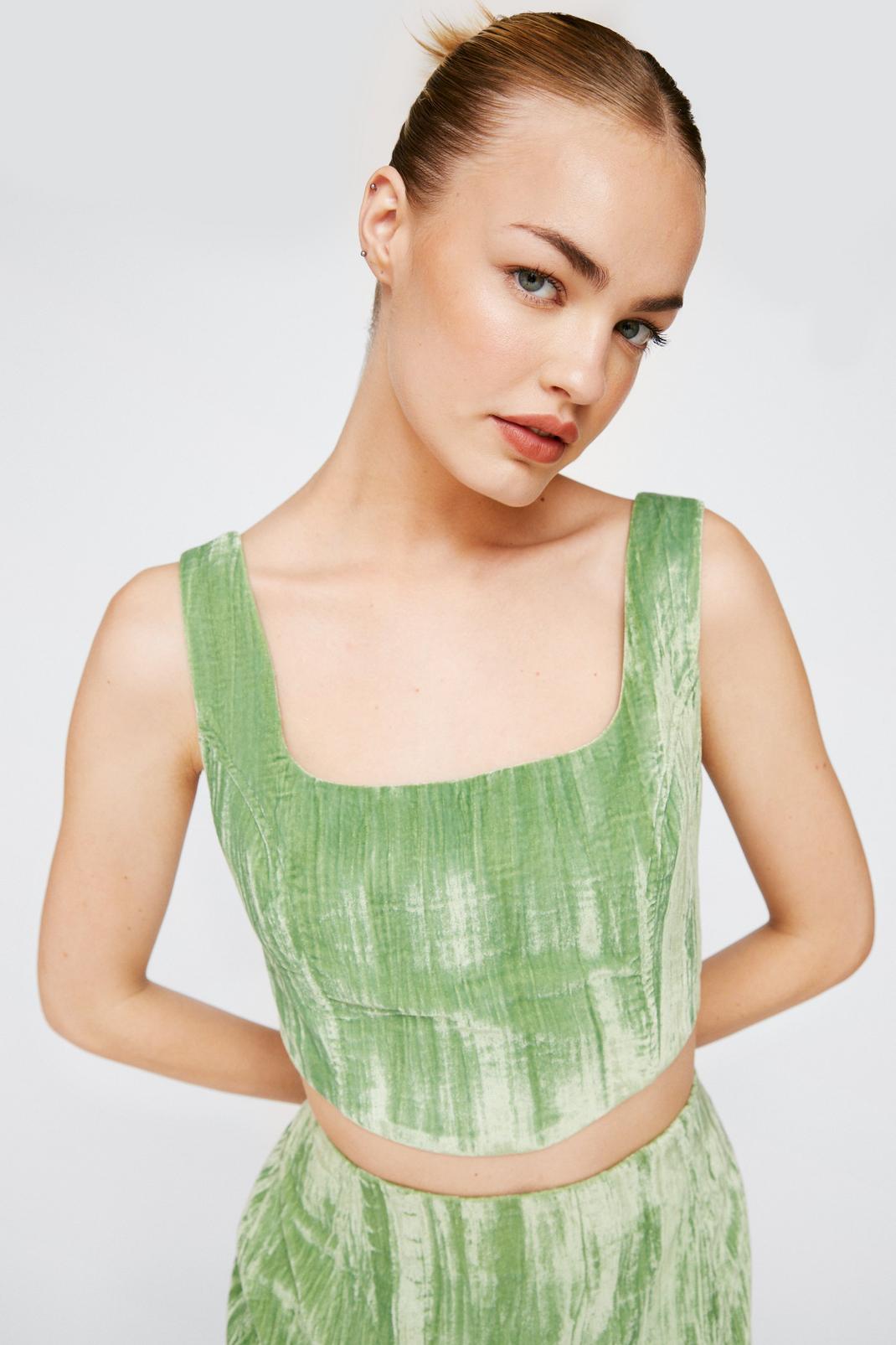 Crop top corset en velours plissé, Green image number 1