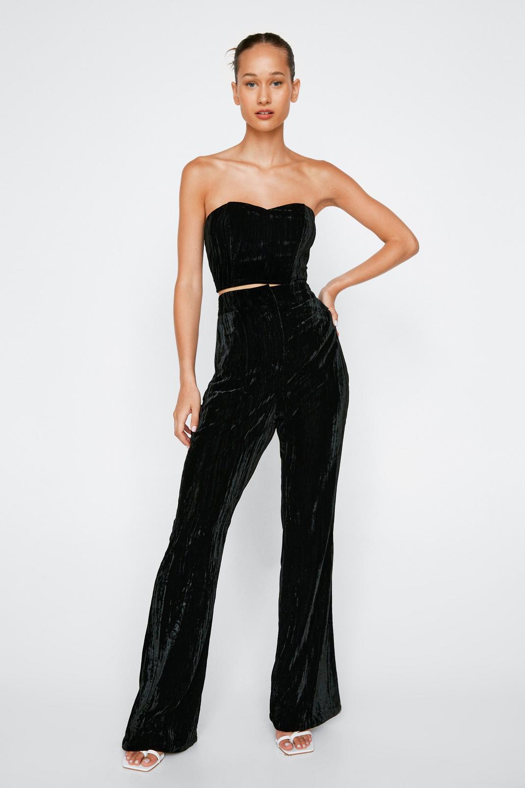 Black Crinkle Velvet Tailored Flared Trousers image number 1
