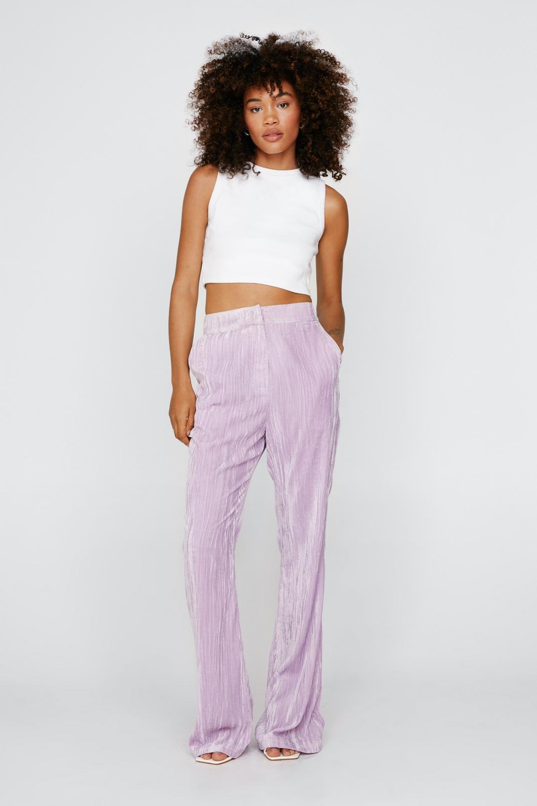 Purple Crinkle Velvet Tailored Flared Trousers image number 1