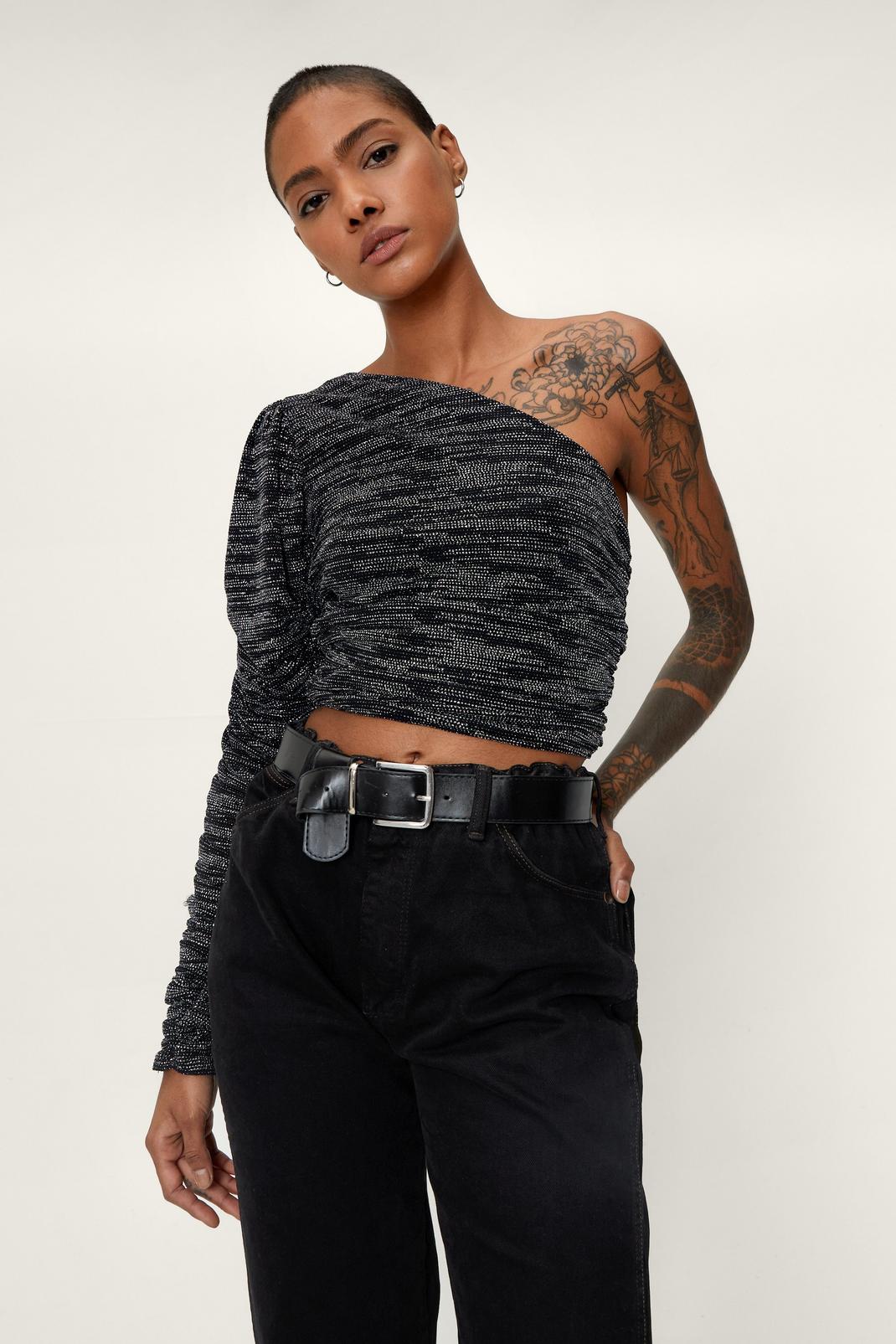 Multi One Sleeve Sparkle Ruched Crop Top image number 1