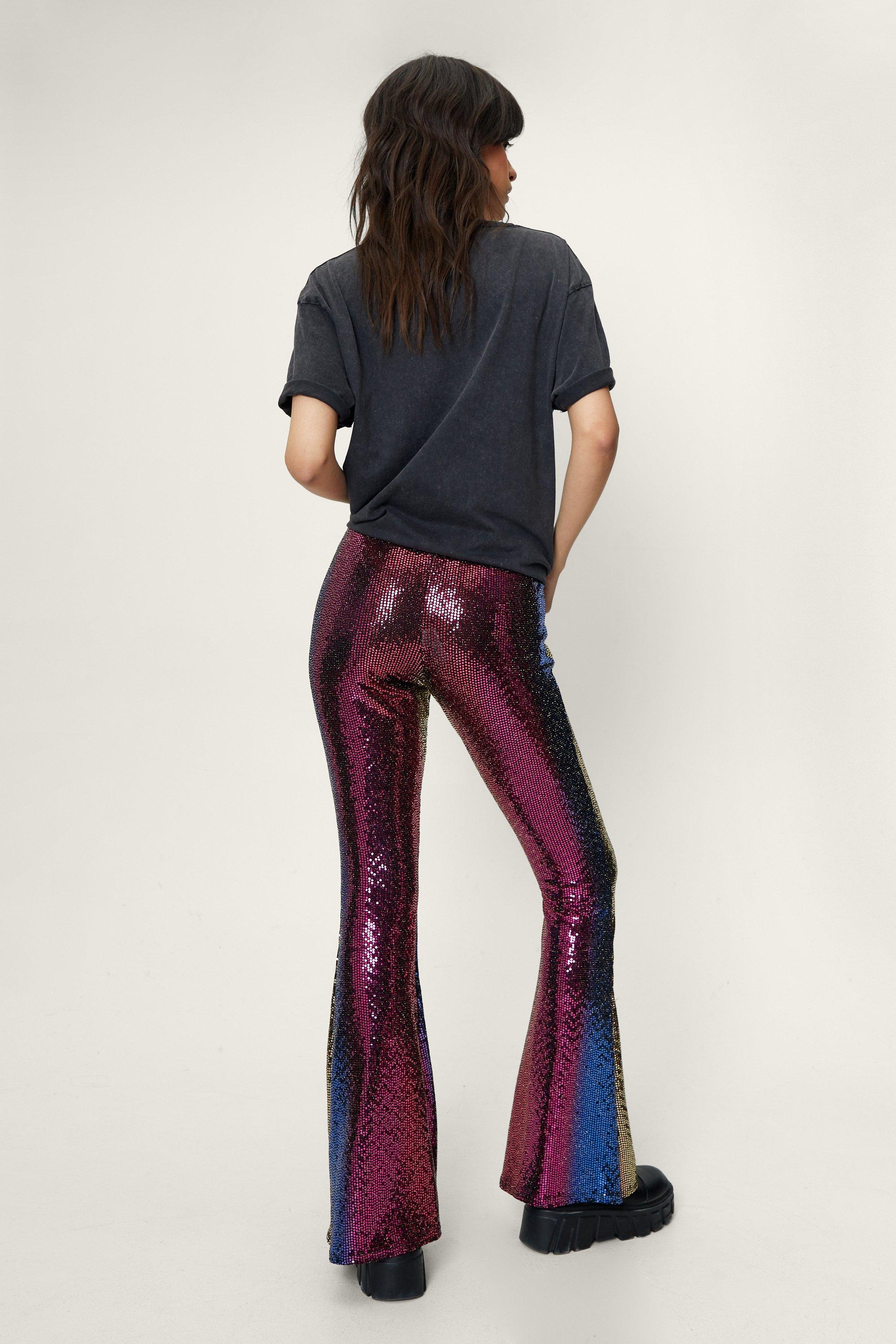  Disco Goth Sparkle Sequin Dressy Flare Pants for Women