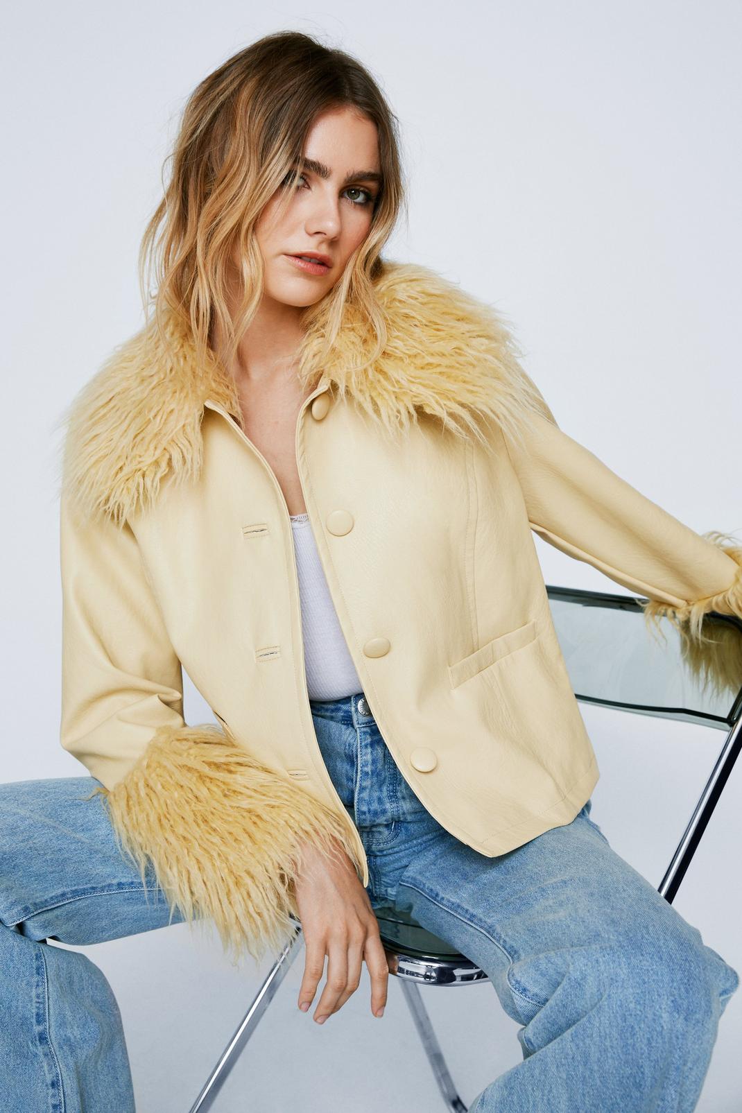 Butter Mongolian Fur Trim Faux Leather Jacket image number 1