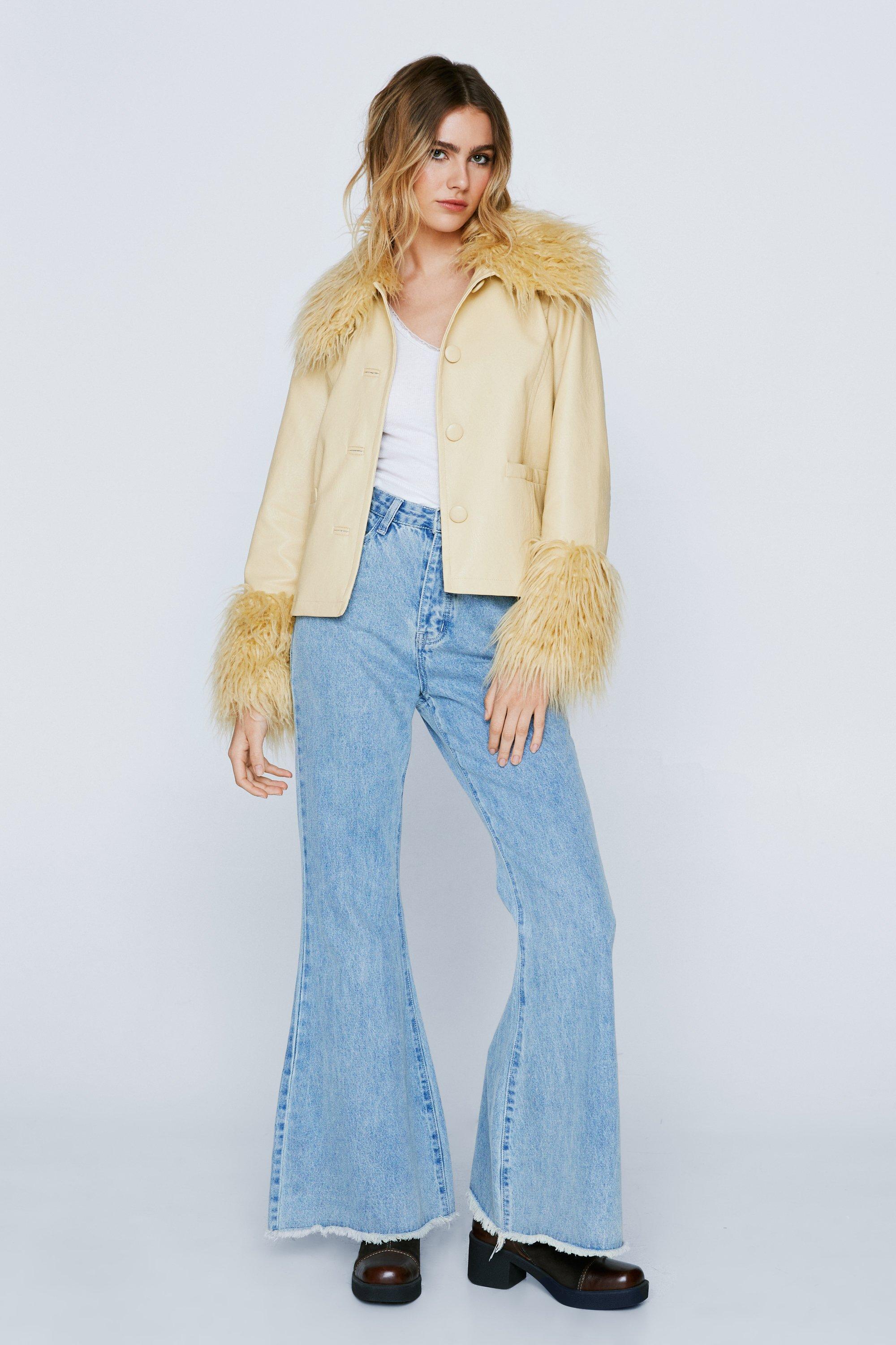 Faux Fur Trim Faux Leather Trench Coat