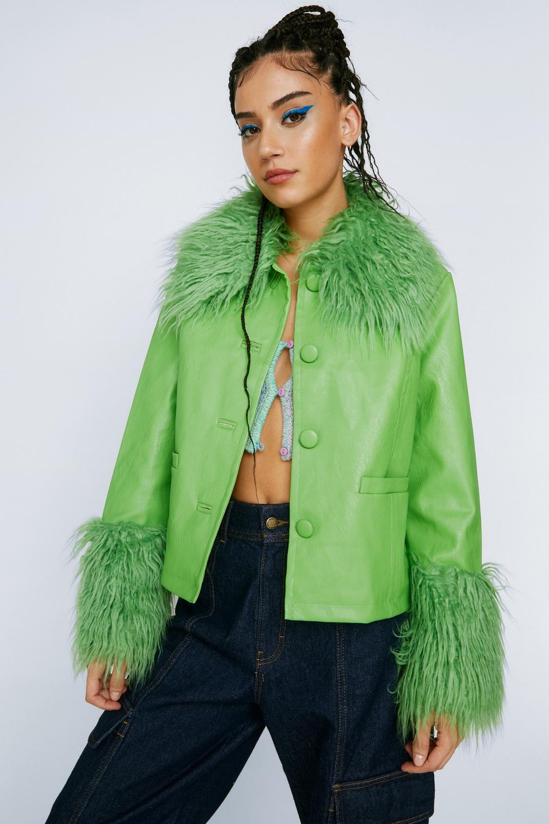 Green Mongolian Fur Trim Faux Leather Jacket image number 1