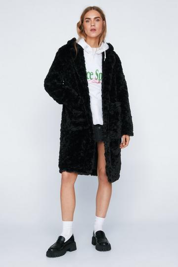 Black Premium Faux Fur Pocket Detail Teddy Coat