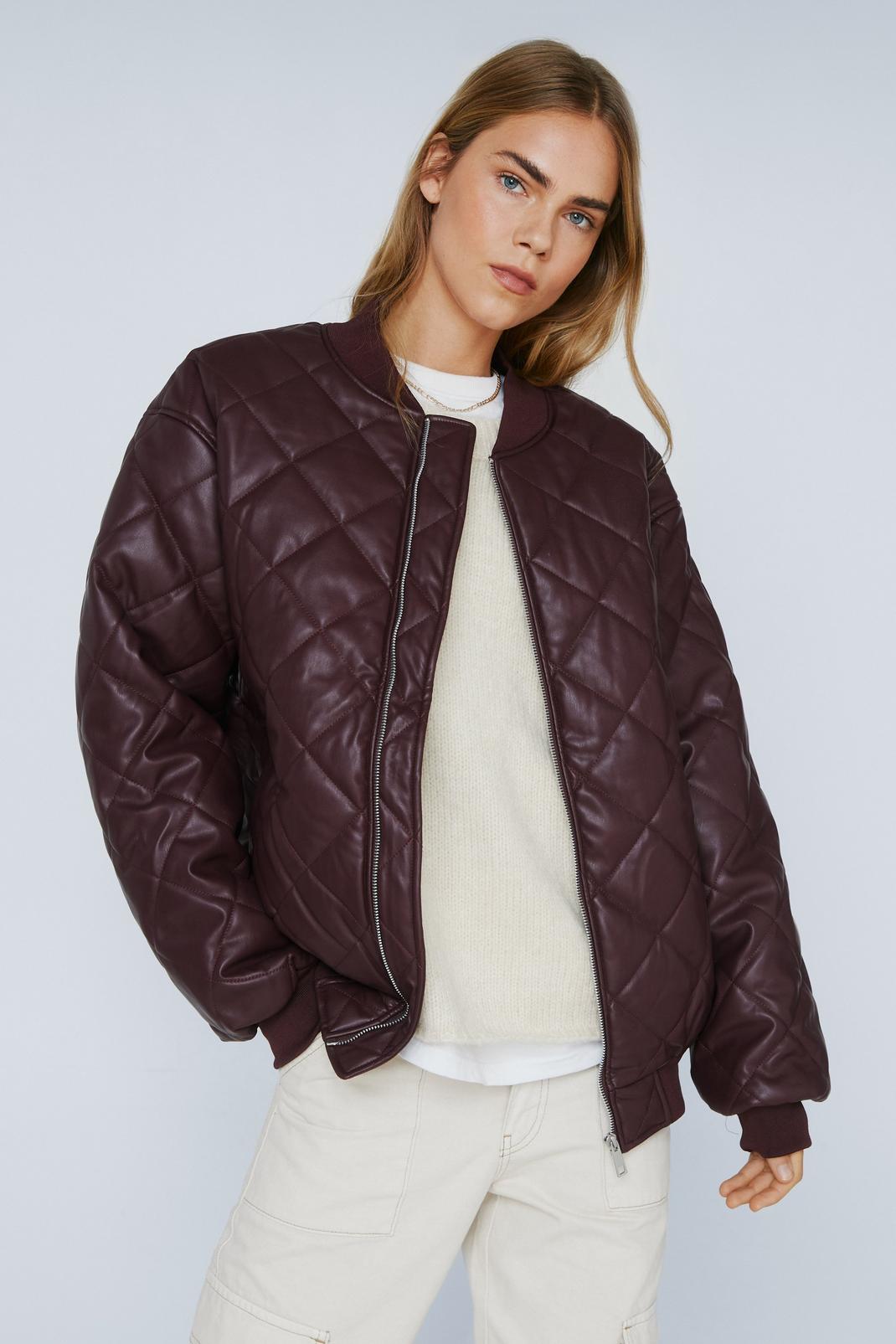 Oxblood Quilted Faux Leather Bomber Jacket image number 1