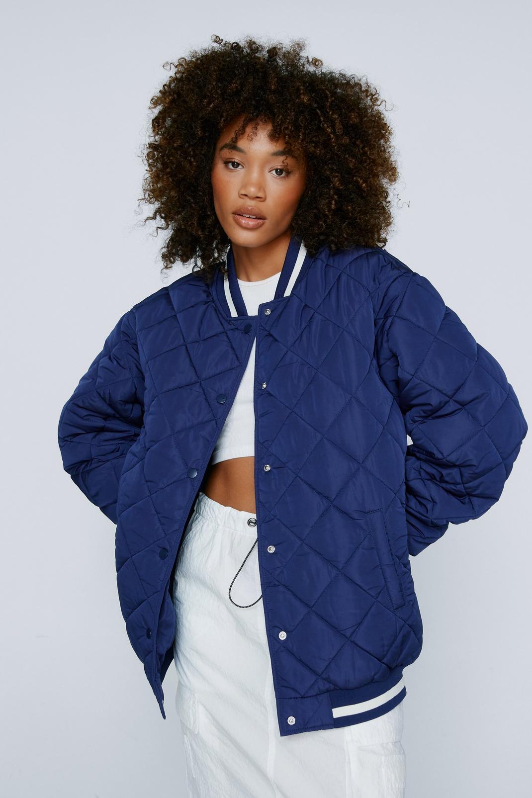 Navy Quilted Collarless Varsity Jacket image number 1