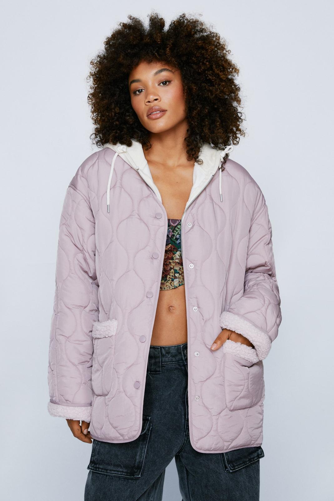 Lilac Teddy Trim Quilted Liner Jacket image number 1