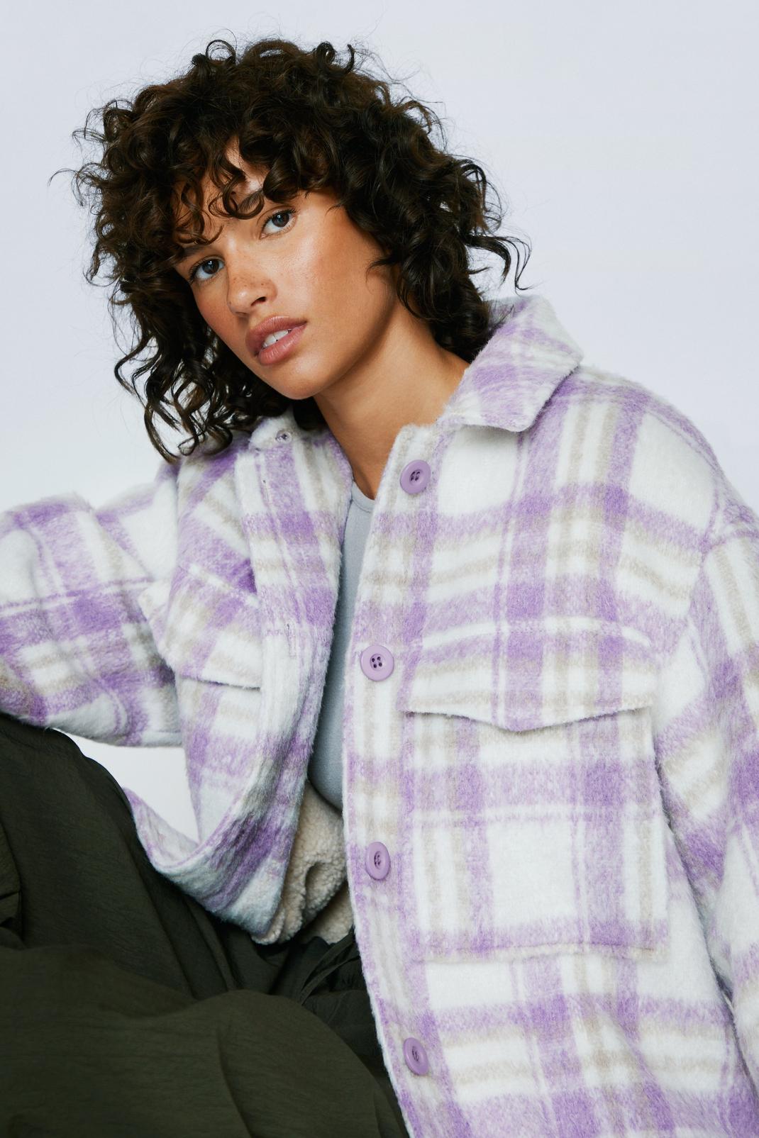 Lilac Petite Check Pocket Front Hooded Shacket image number 1