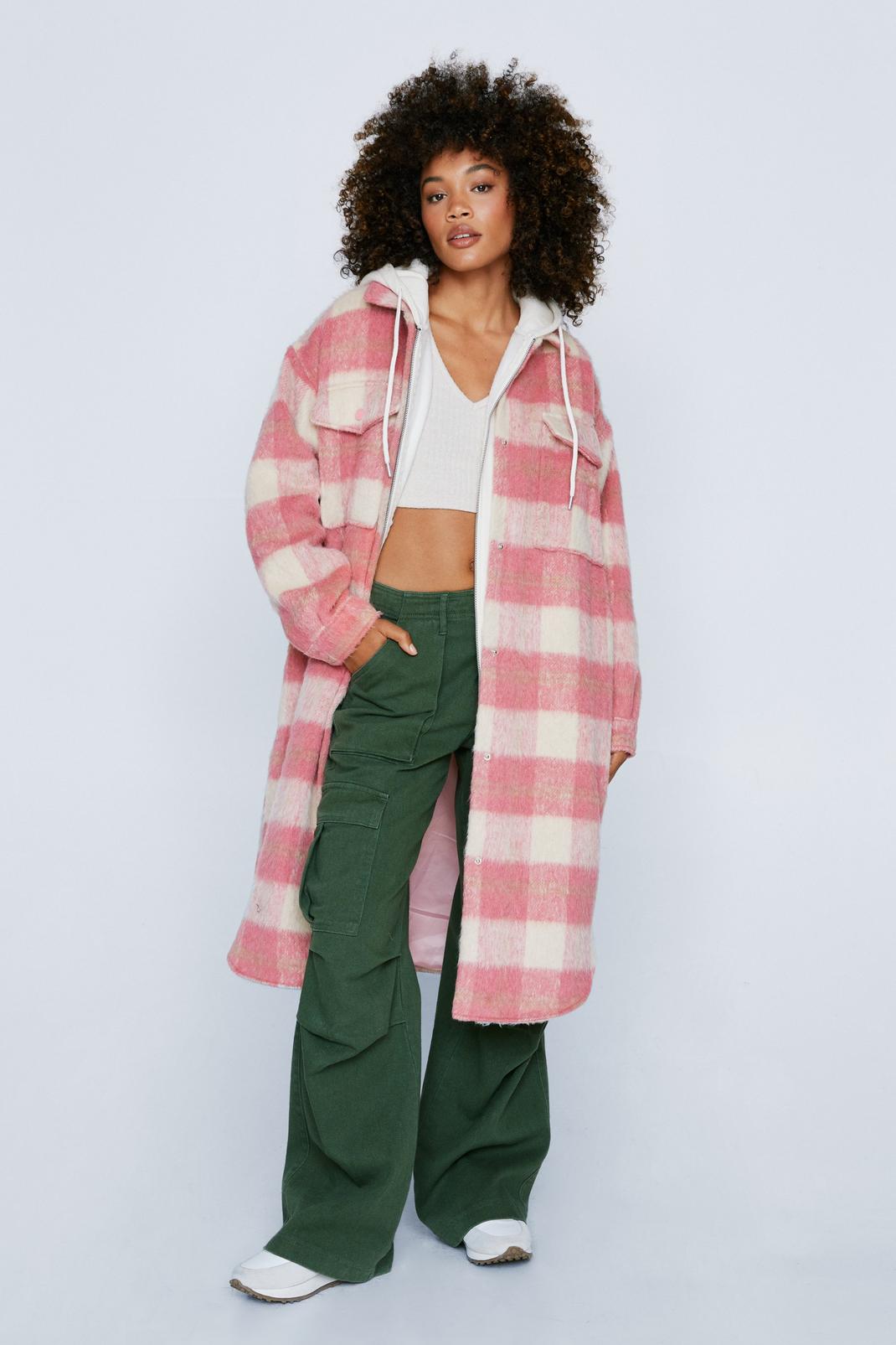 Pink Check Print Button Down Longline Shacket image number 1