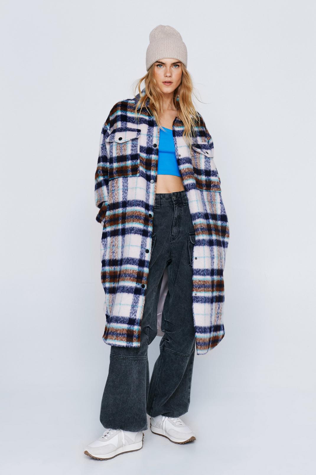 Navy Plaid Button Down Longline Shacket image number 1