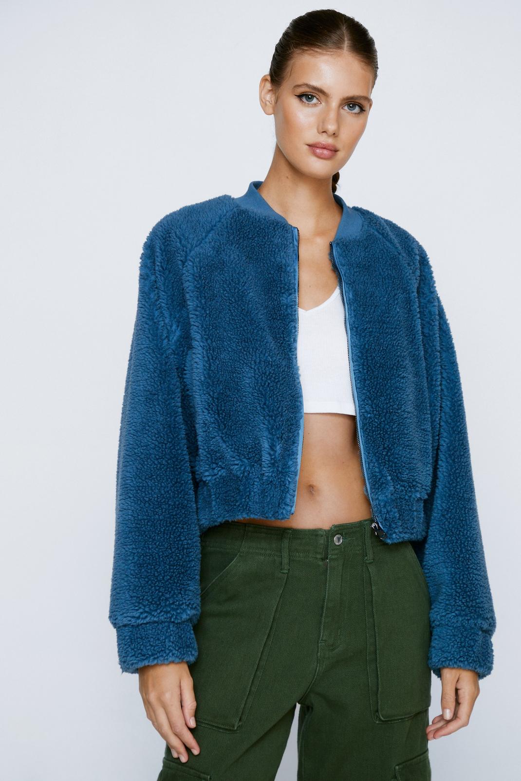 Blue Teddy Zip Through Cropped Bomber Jacket image number 1