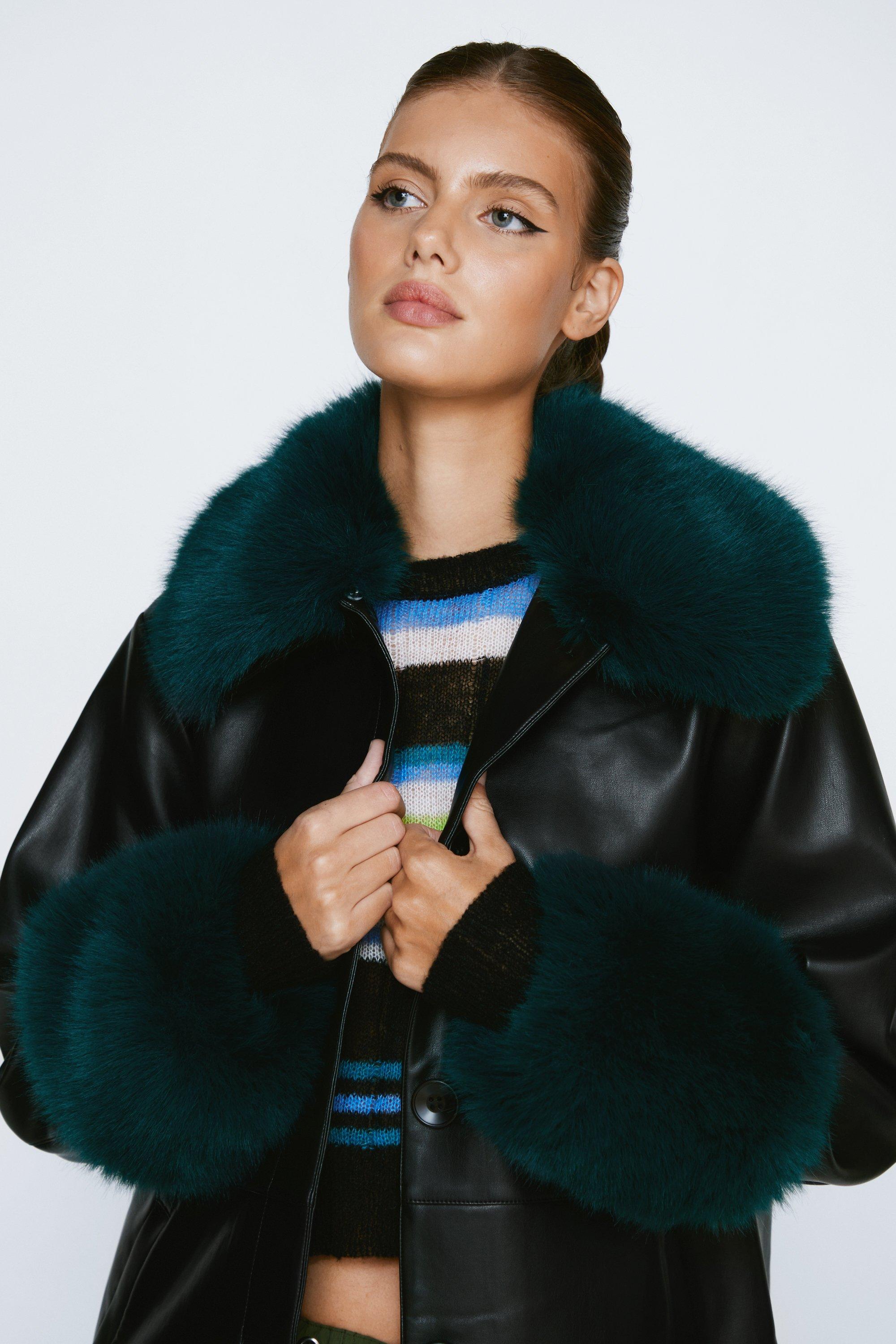 Contrast Fur Collar Faux Leather Coat