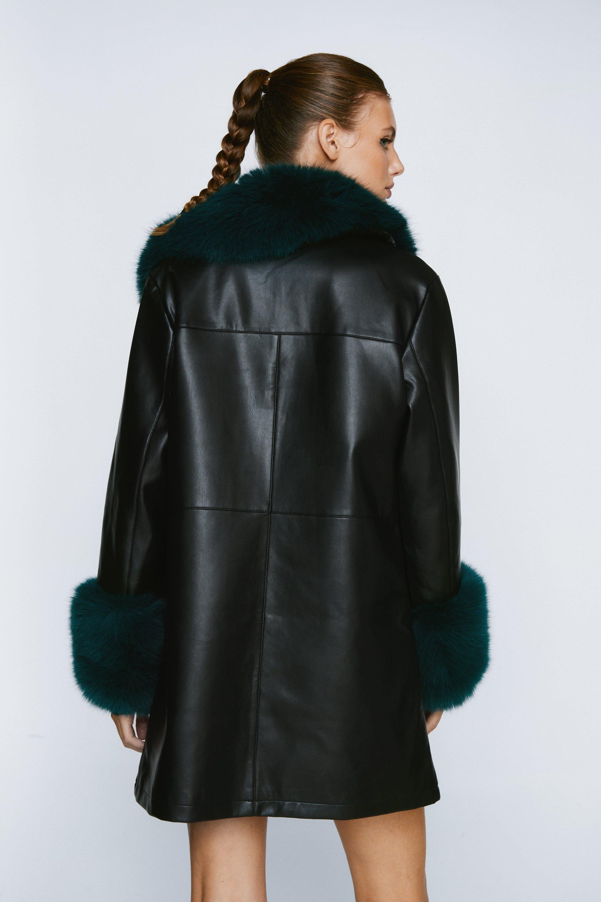 Petite Faux Shearling Fur Trim Wool Coat