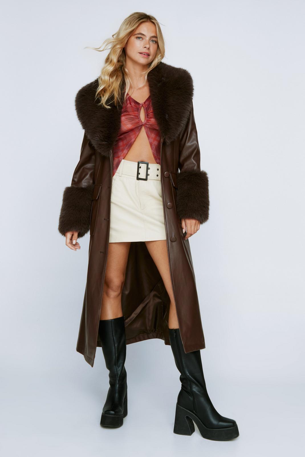 Chocolate Plush Fur Trim Belted Faux Leather Coat image number 1
