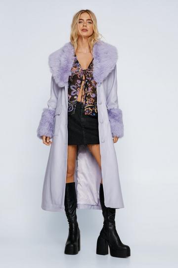 Plush Fur Trim Belted Faux Leather Coat lilac